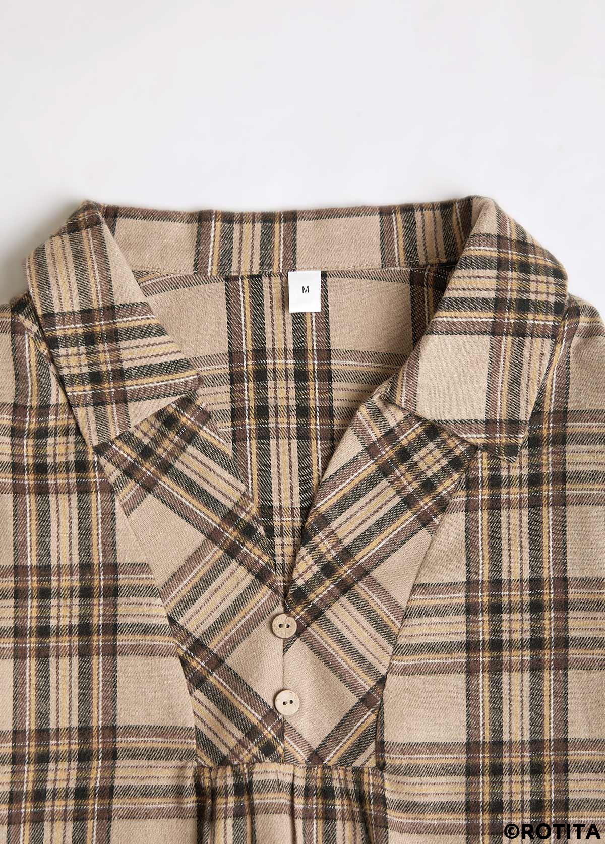 Light Coffee tops,Plaid tops,Striped tops,Geometric tops,ROTITA Button Plaid Light Coffee Turn Down Collar Shirt