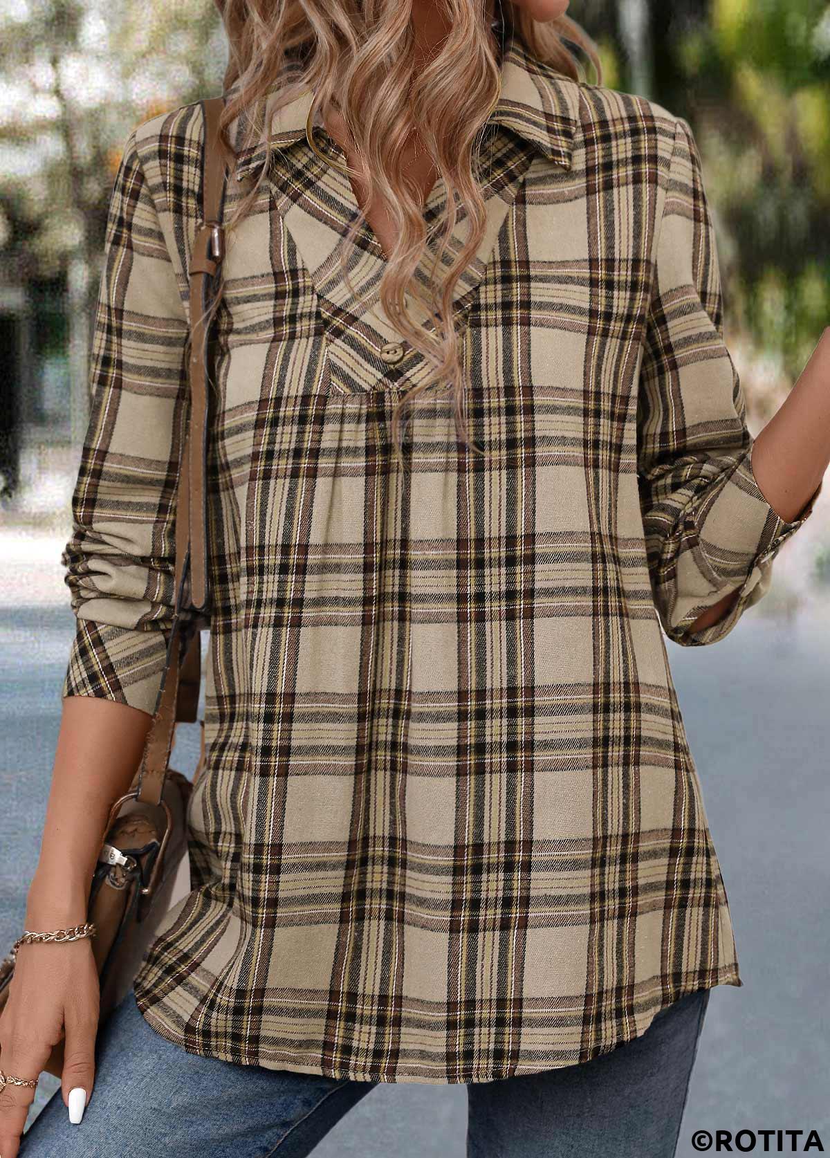 Light Coffee tops,Plaid tops,Striped tops,Geometric tops,ROTITA Button Plaid Light Coffee Turn Down Collar Shirt