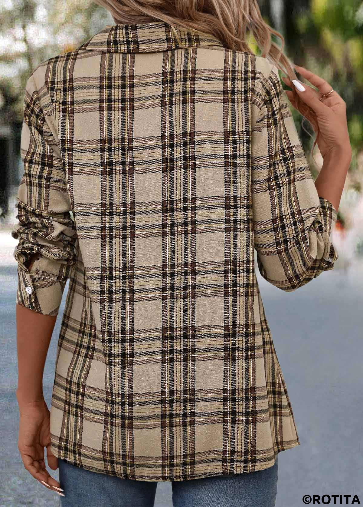 Light Coffee tops,Plaid tops,Striped tops,Geometric tops,ROTITA Button Plaid Light Coffee Turn Down Collar Shirt