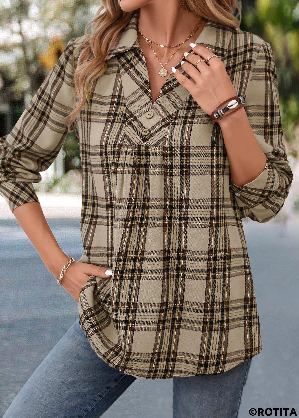 Light Coffee tops,Plaid tops,Striped tops,Geometric tops,ROTITA Button Plaid Light Coffee Turn Down Collar Shirt