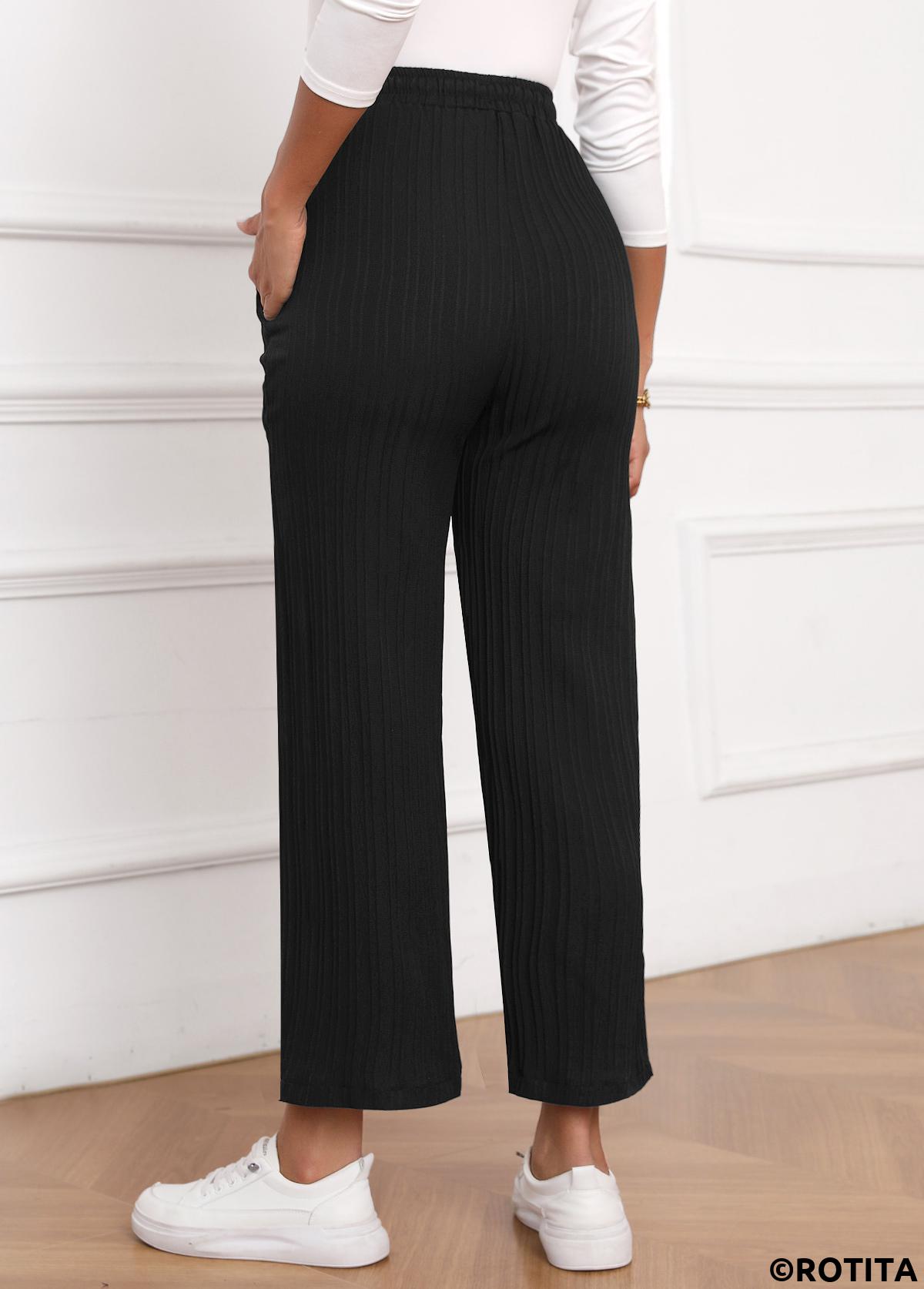 Black bottoms,Plain Color bottoms,Textured Fabric Black Drawastring High Waisted Pants