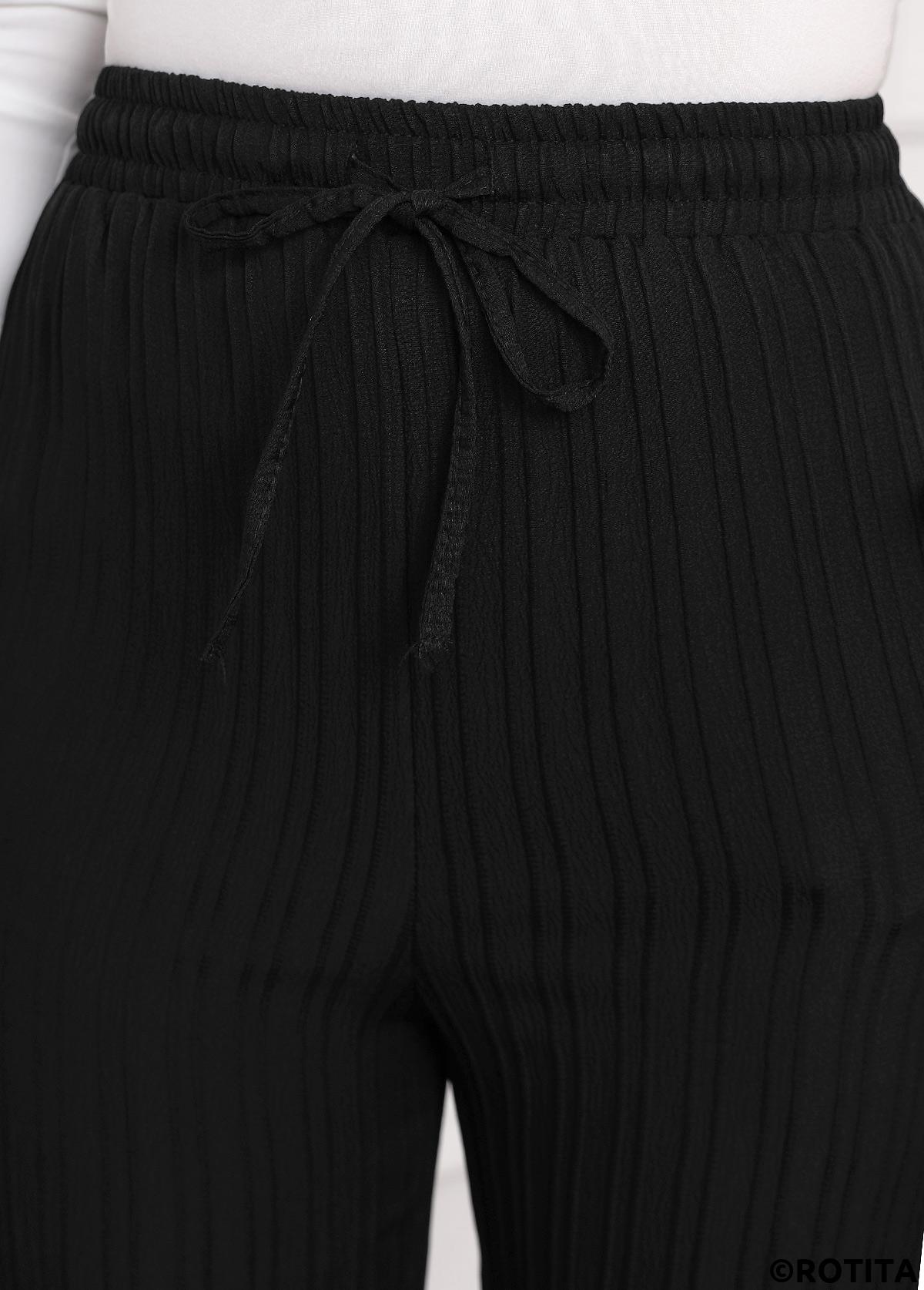 Black bottoms,Plain Color bottoms,Textured Fabric Black Drawastring High Waisted Pants