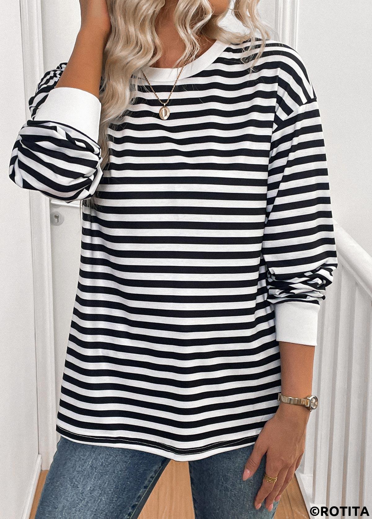 ROTITA Patchwork Striped Black Round Neck Long Sleeve T Shirt