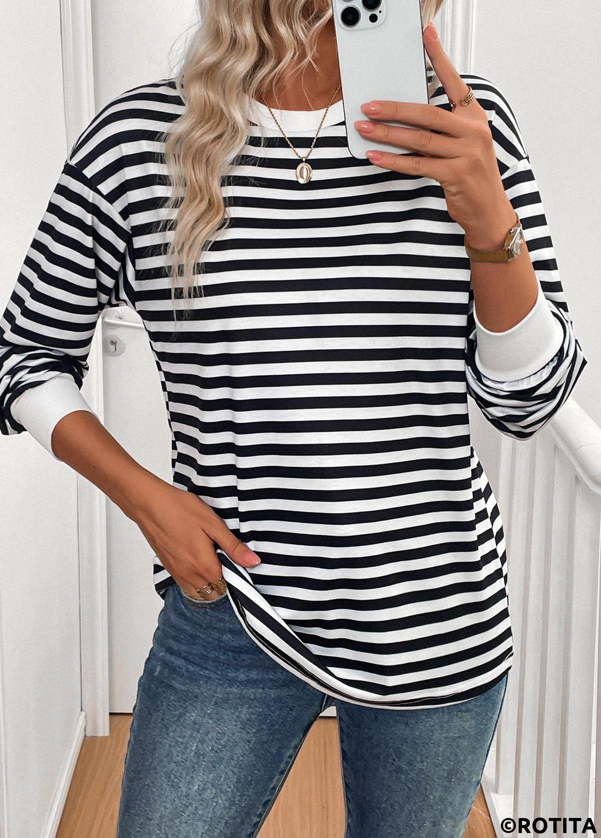 ROTITA Patchwork Striped Black Round Neck Long Sleeve T Shirt