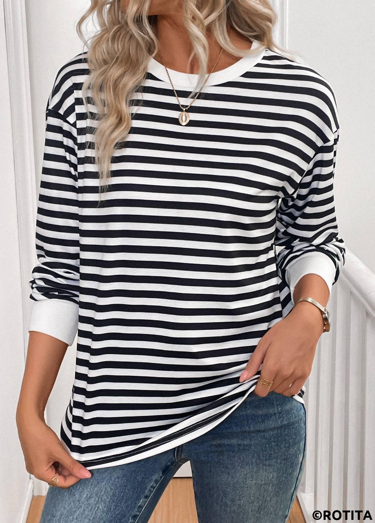 ROTITA Patchwork Striped Black Round Neck Long Sleeve T Shirt