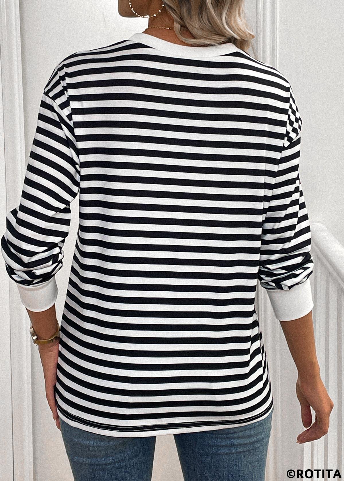 ROTITA Patchwork Striped Black Round Neck Long Sleeve T Shirt