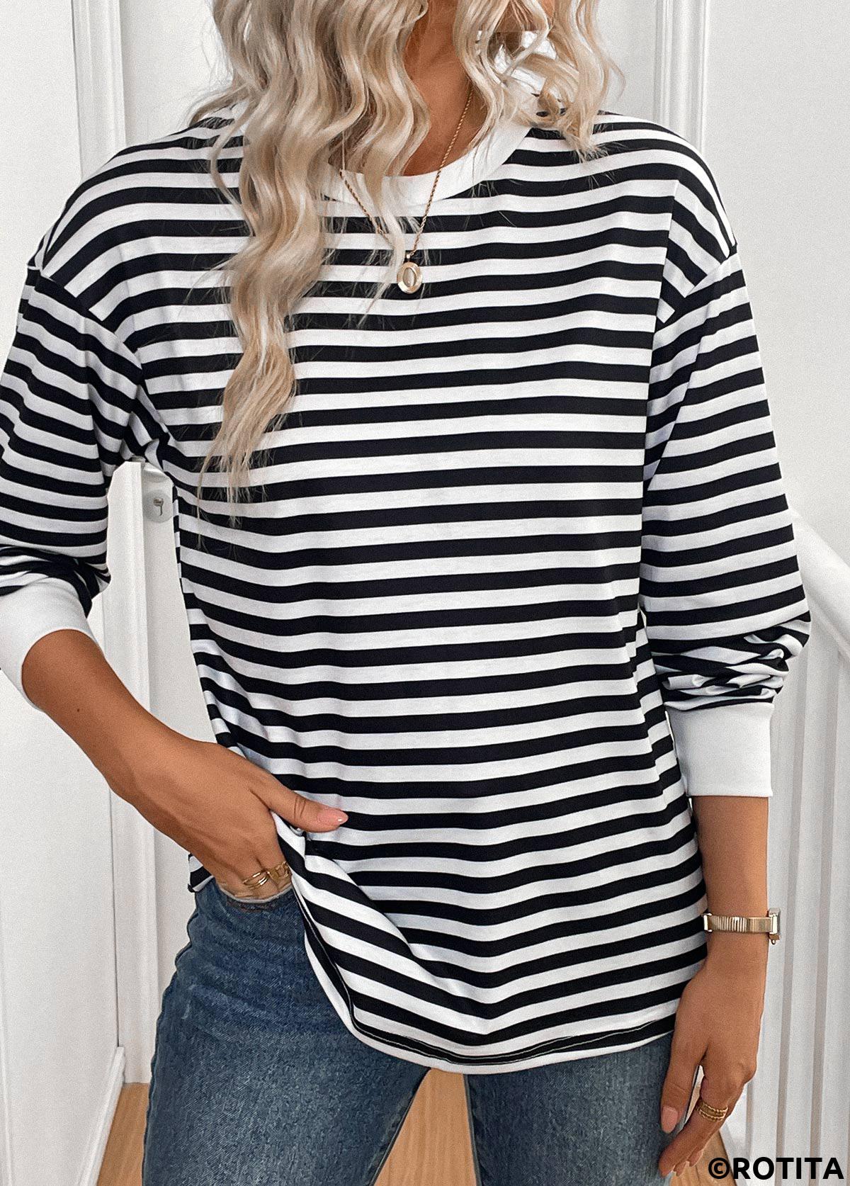 ROTITA Patchwork Striped Black Round Neck Long Sleeve T Shirt