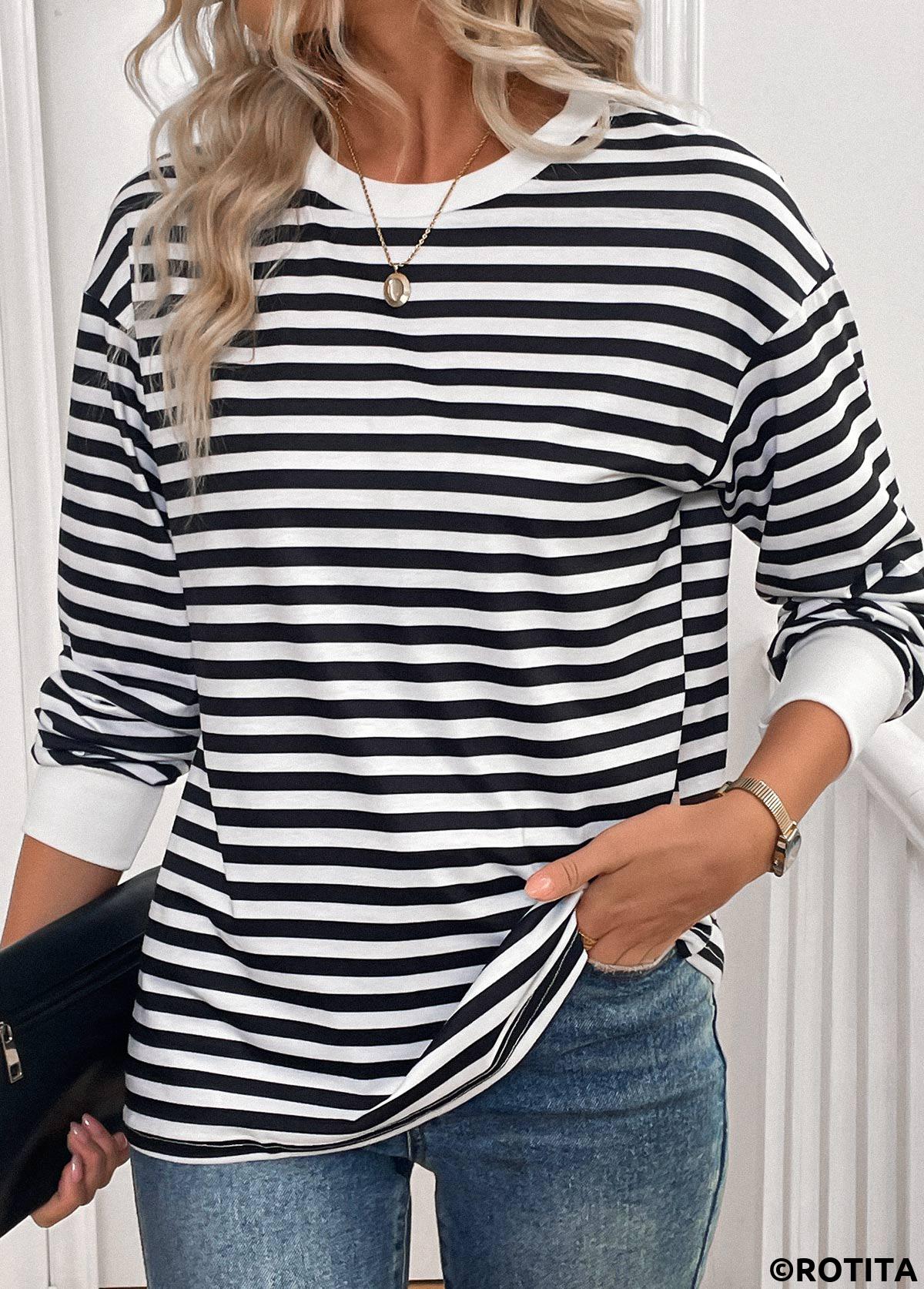 ROTITA Patchwork Striped Black Round Neck Long Sleeve T Shirt