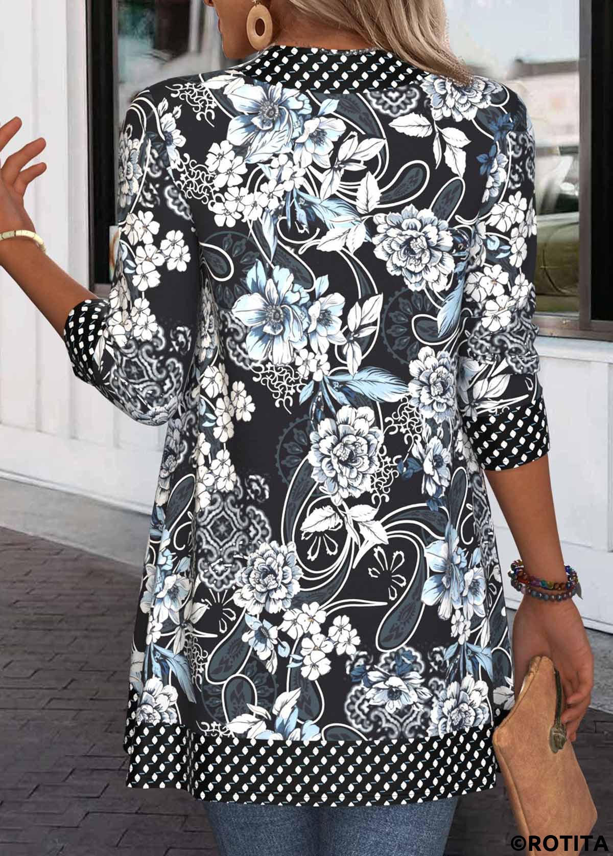 Black tops,Plants tops,Geometric tops,ROTITA Patchwork Random Floral Print Black Long Sleeve Light Cardigan