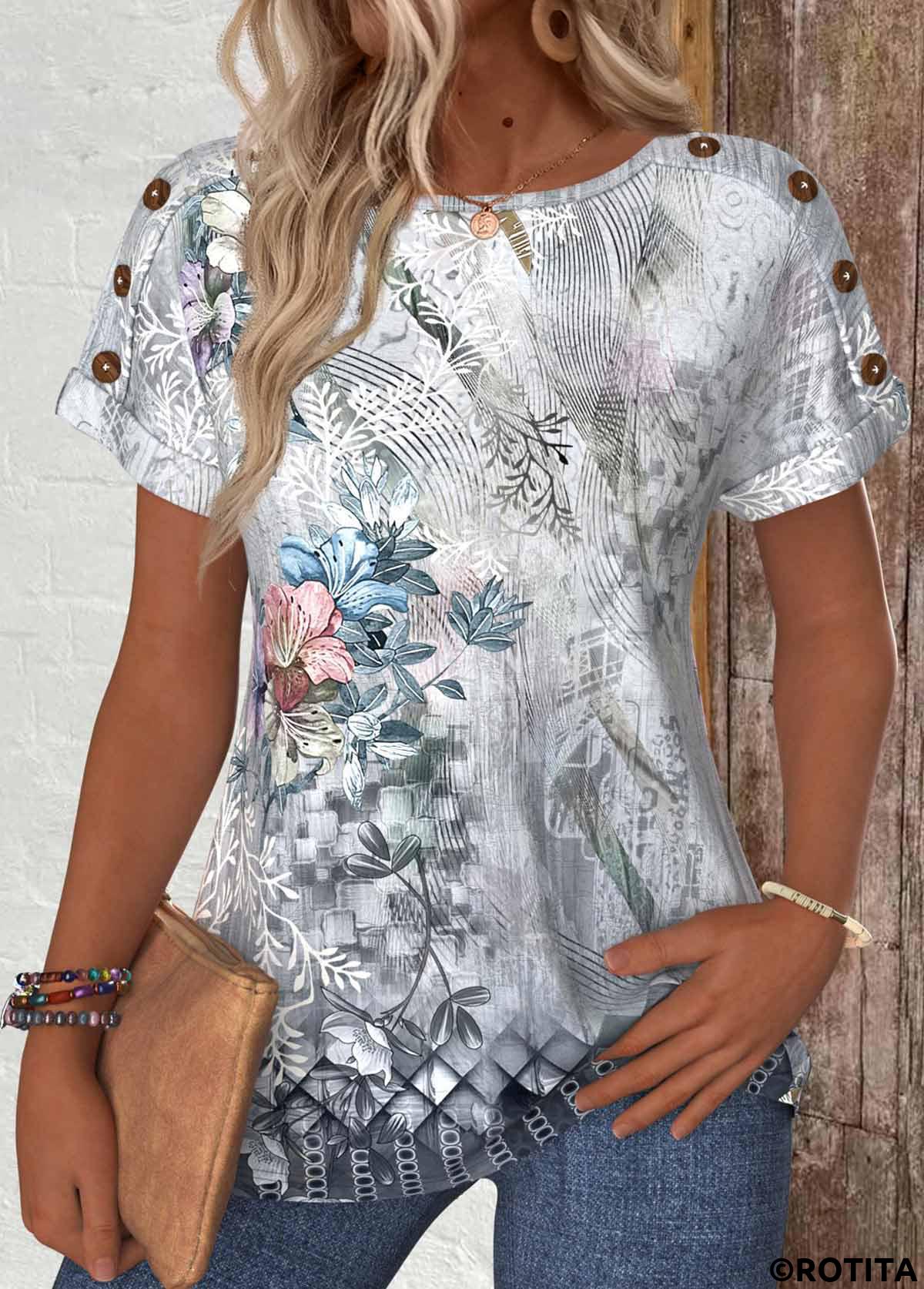 Grey tops,Plants tops,Floral tops,ROTITA Button Random Floral Print Grey Round Neck T Shirt