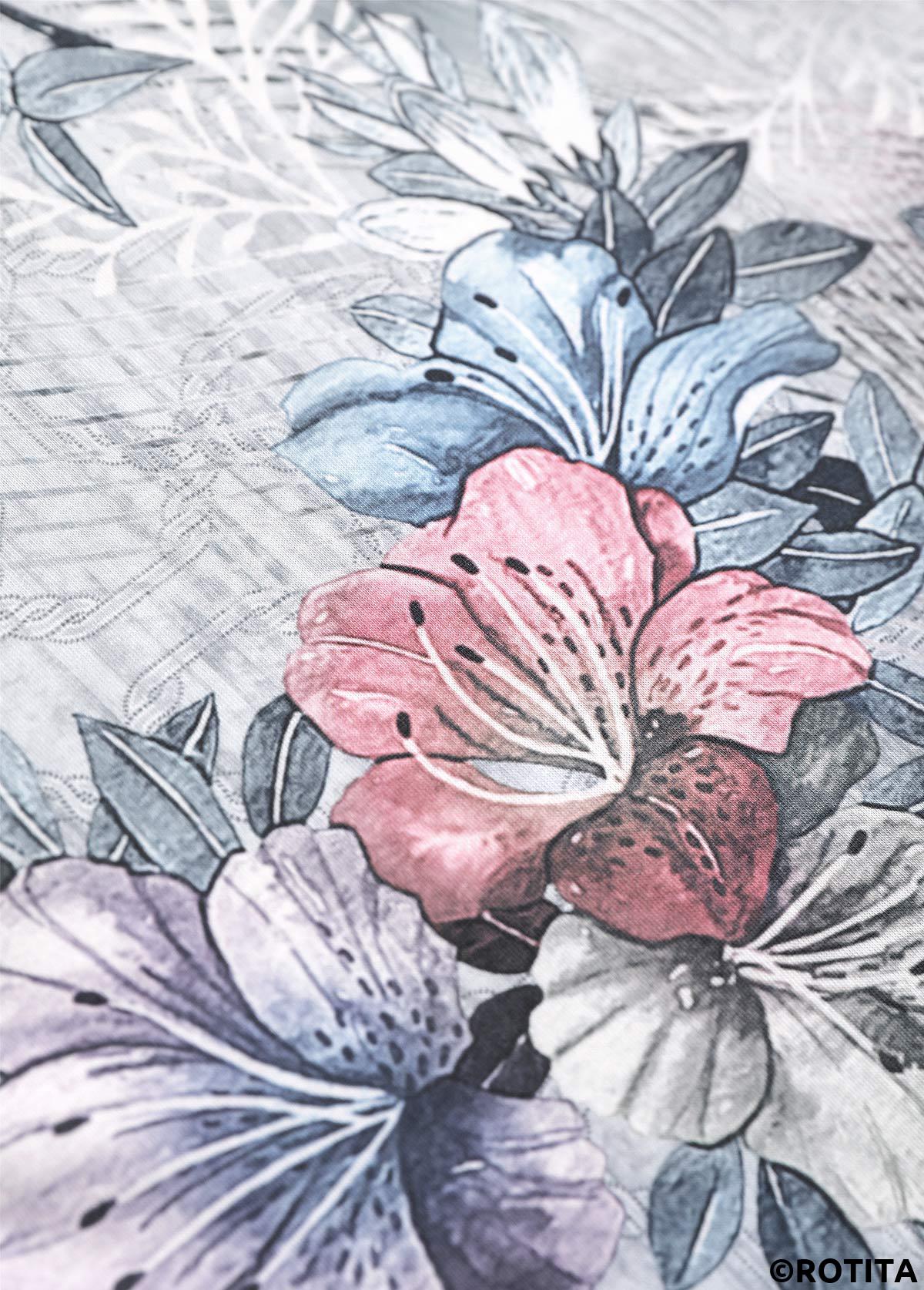 Grey tops,Plants tops,Floral tops,ROTITA Button Random Floral Print Grey Round Neck T Shirt