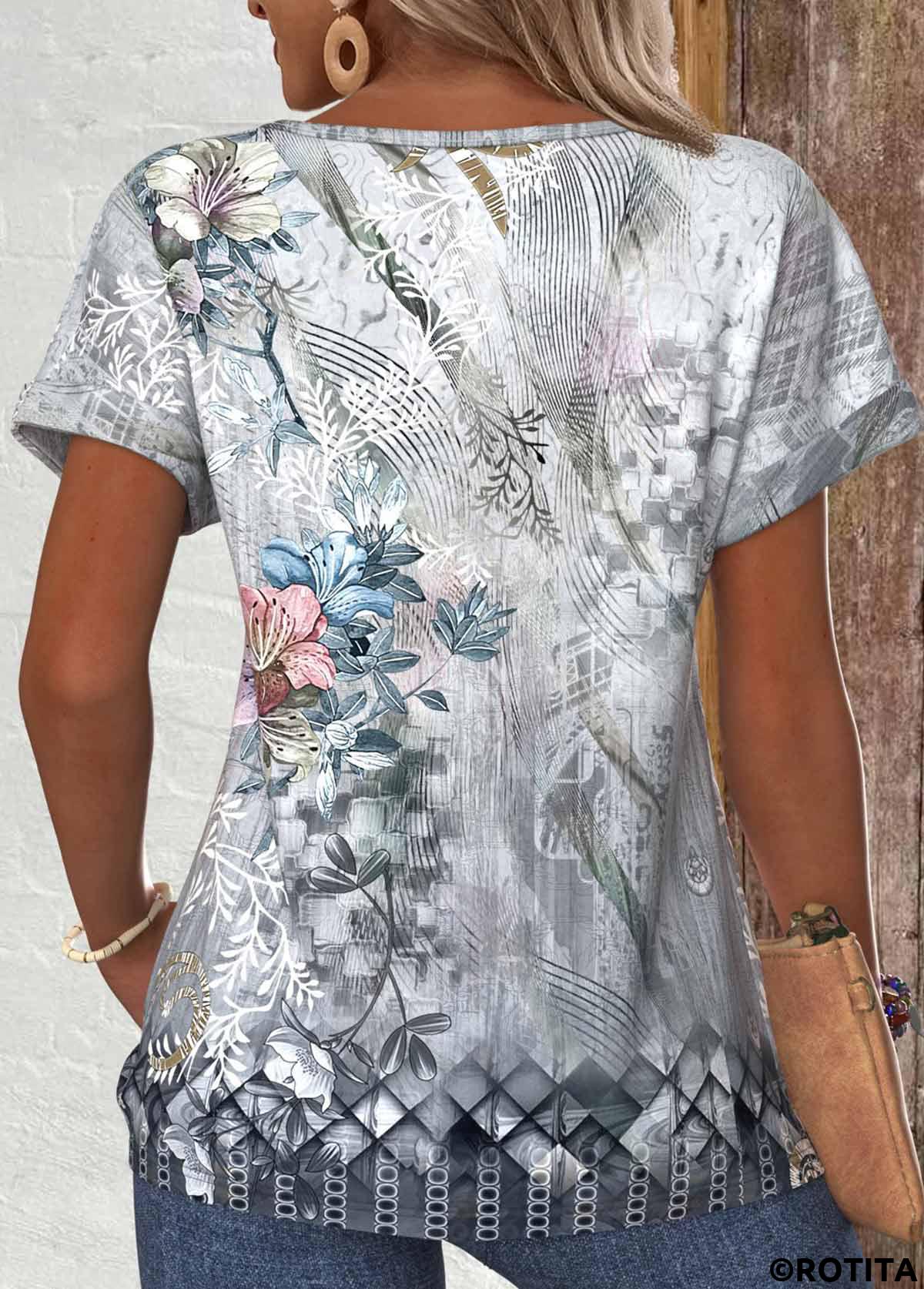 Grey tops,Plants tops,Floral tops,ROTITA Button Random Floral Print Grey Round Neck T Shirt