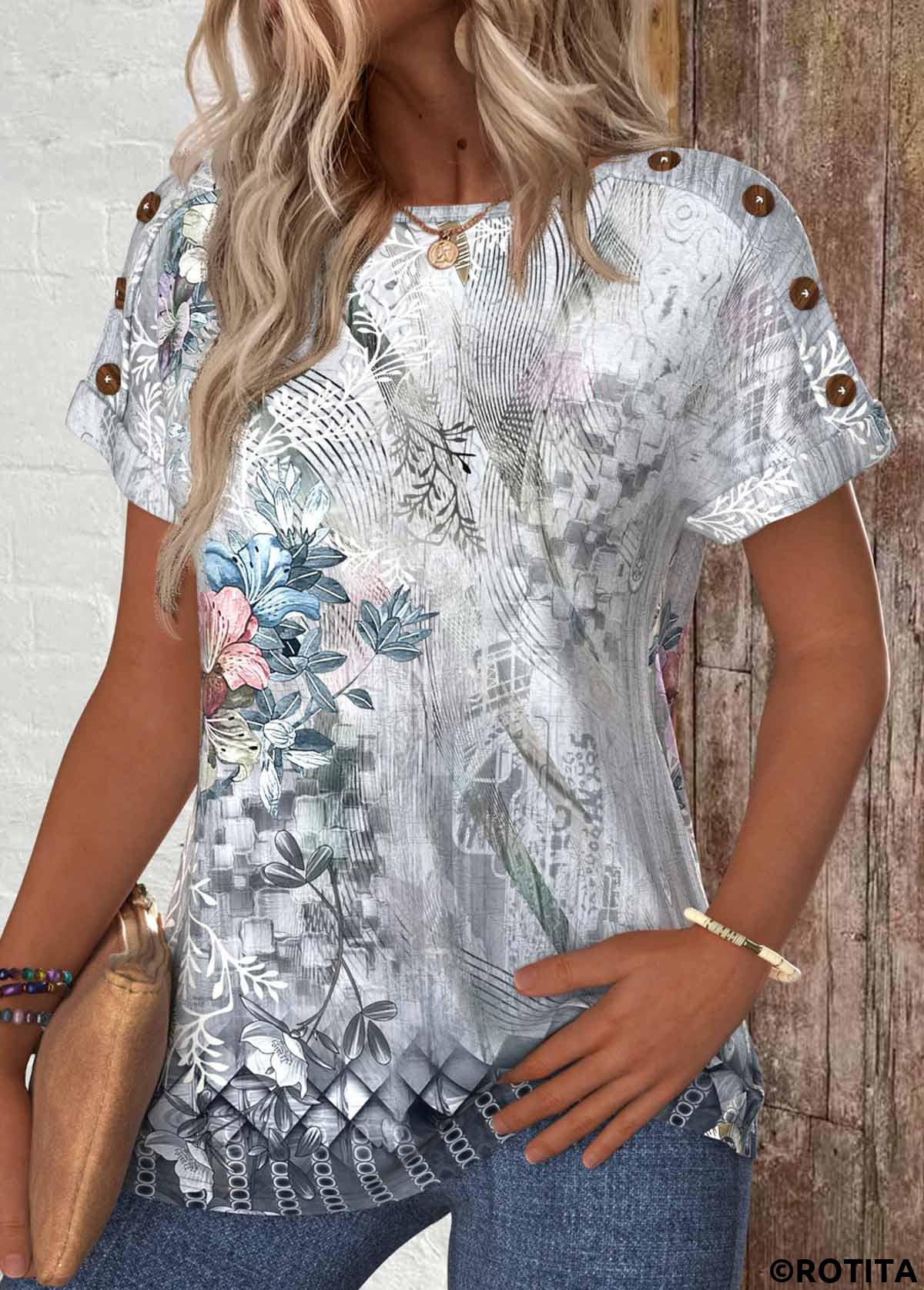 Grey tops,Plants tops,Floral tops,ROTITA Button Random Floral Print Grey Round Neck T Shirt