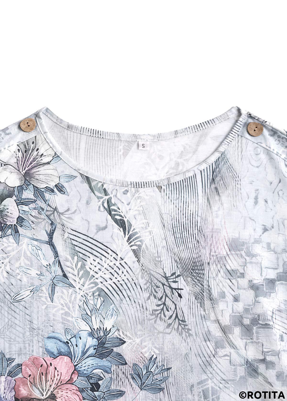 Grey tops,Plants tops,Floral tops,ROTITA Button Random Floral Print Grey Round Neck T Shirt