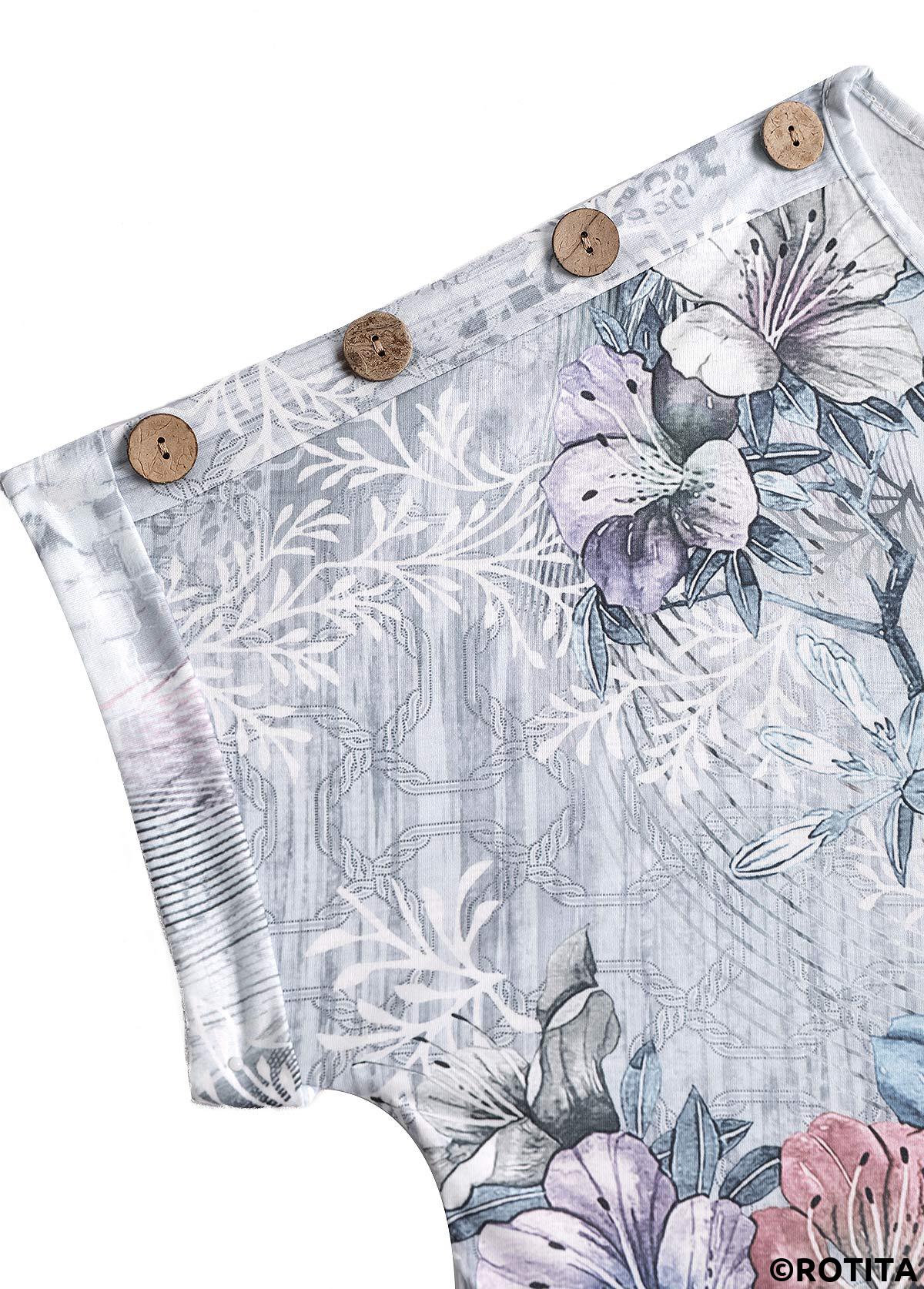 Grey tops,Plants tops,Floral tops,ROTITA Button Random Floral Print Grey Round Neck T Shirt