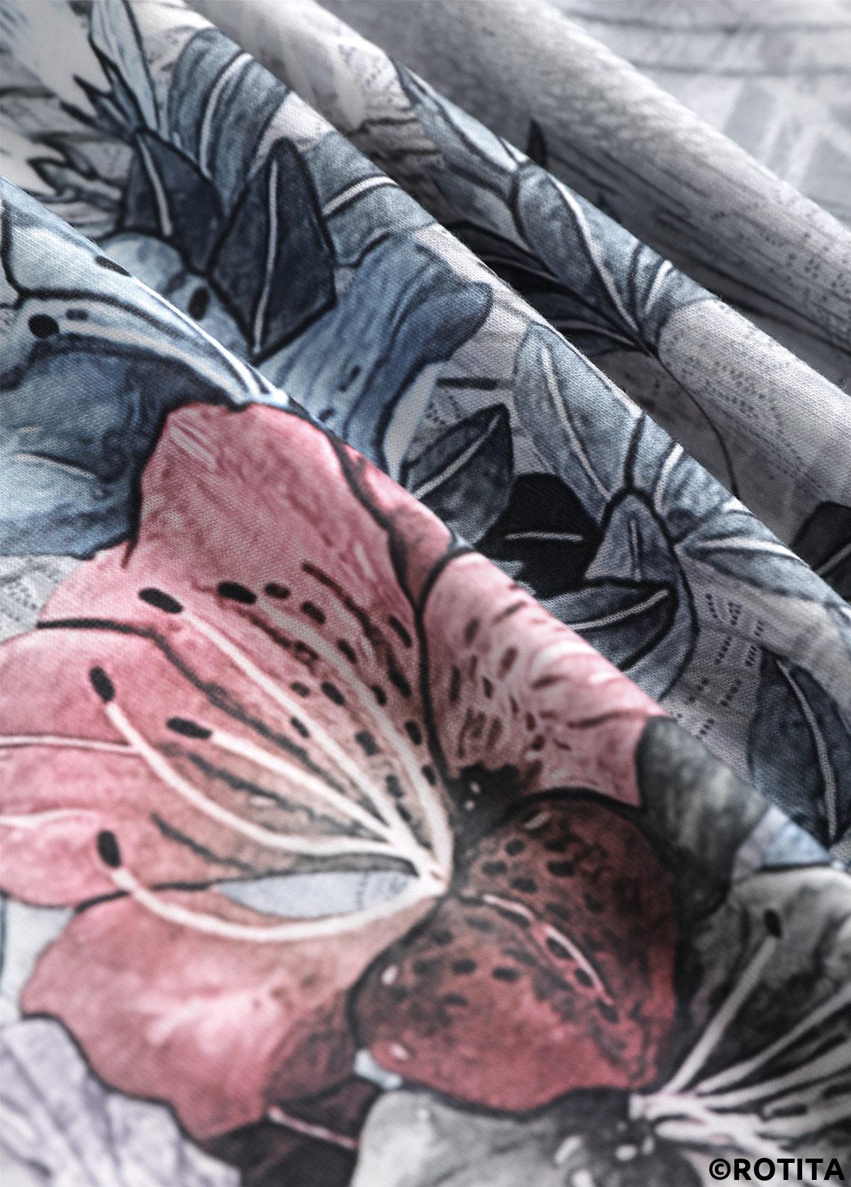 Grey tops,Plants tops,Floral tops,ROTITA Button Random Floral Print Grey Round Neck T Shirt