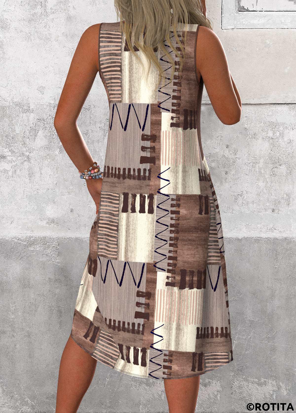 Gray Brown dresses,Geometric dresses,Striped dresses,Everyday dresses,Casual dresses,ROTITA Patchwork Geometric Print Gray Brown A Line Sleeveless Dress