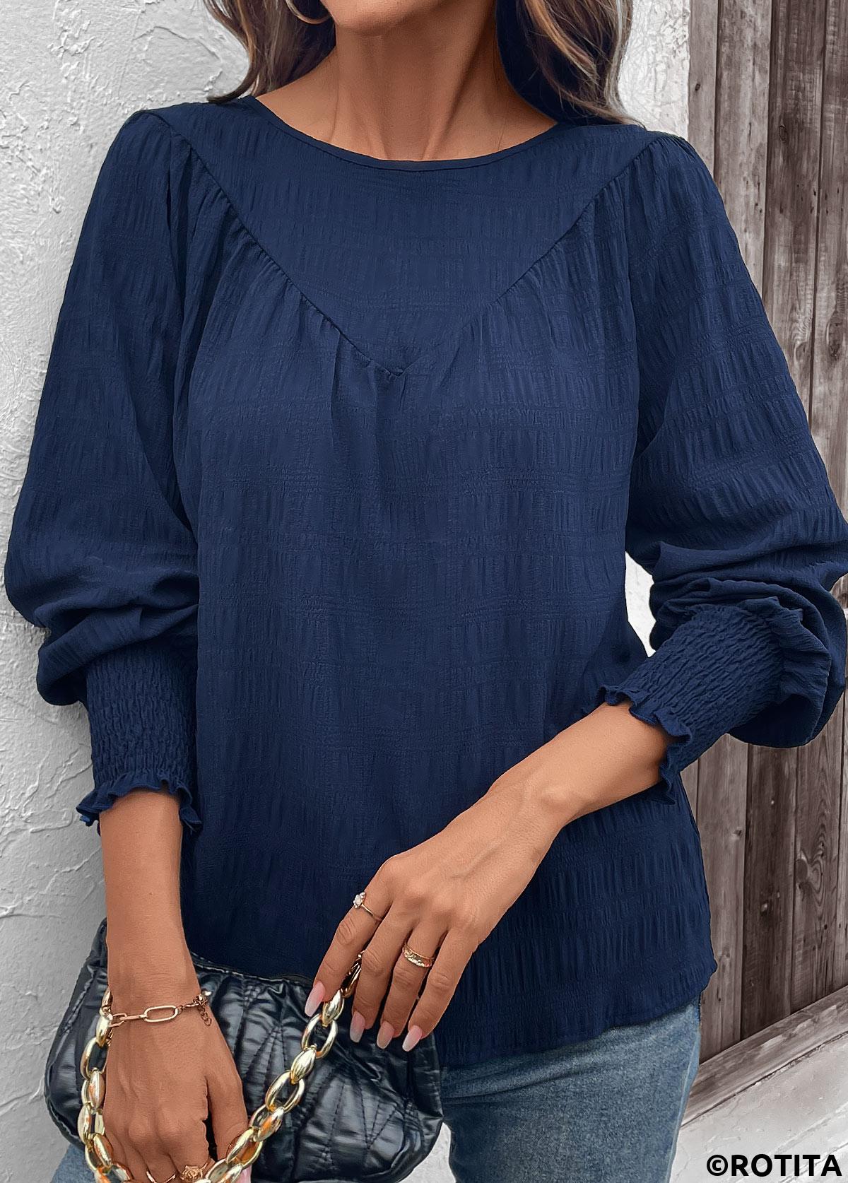 Navy tops,Plain Color tops,ROTITA Smocked Navy Round Neck Long Sleeve Blouse
