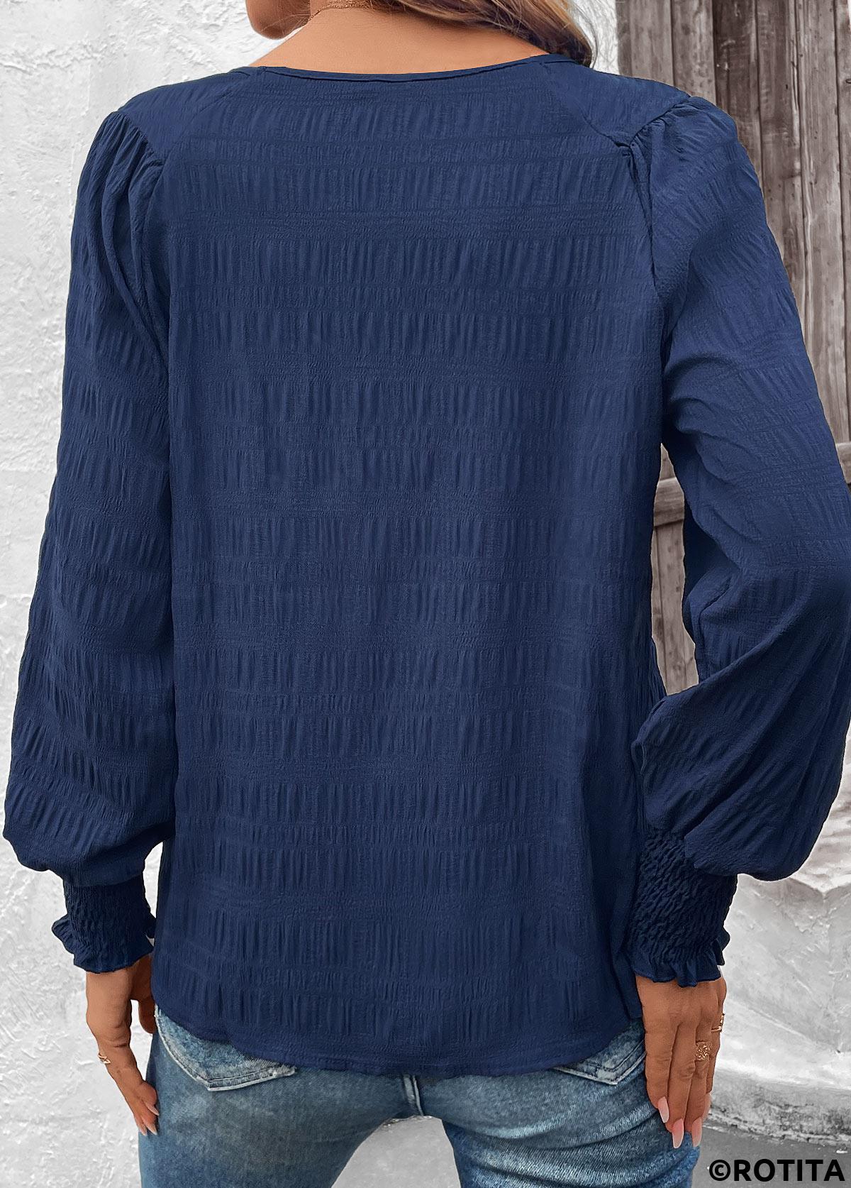 Navy tops,Plain Color tops,ROTITA Smocked Navy Round Neck Long Sleeve Blouse