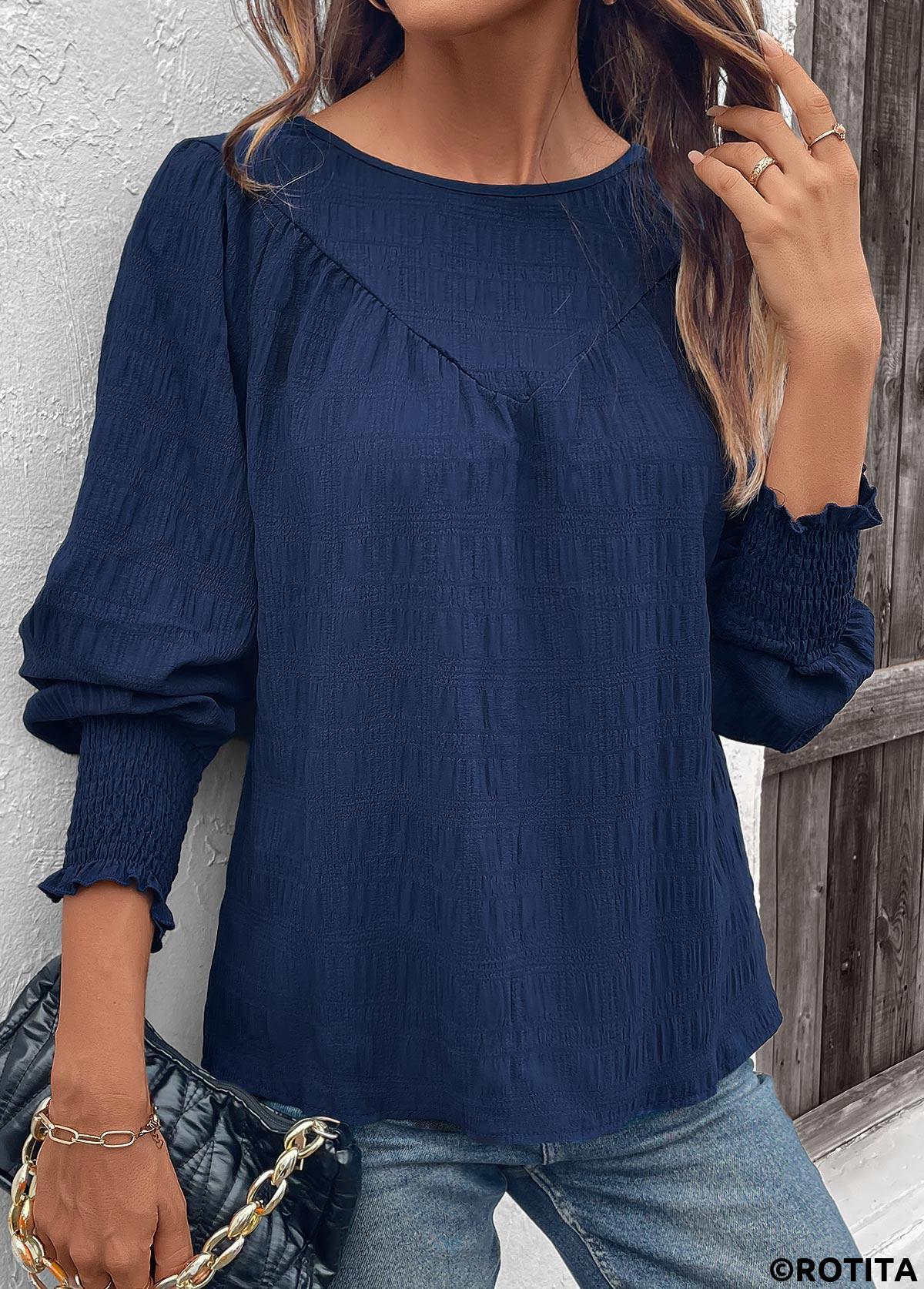 Navy tops,Plain Color tops,ROTITA Smocked Navy Round Neck Long Sleeve Blouse