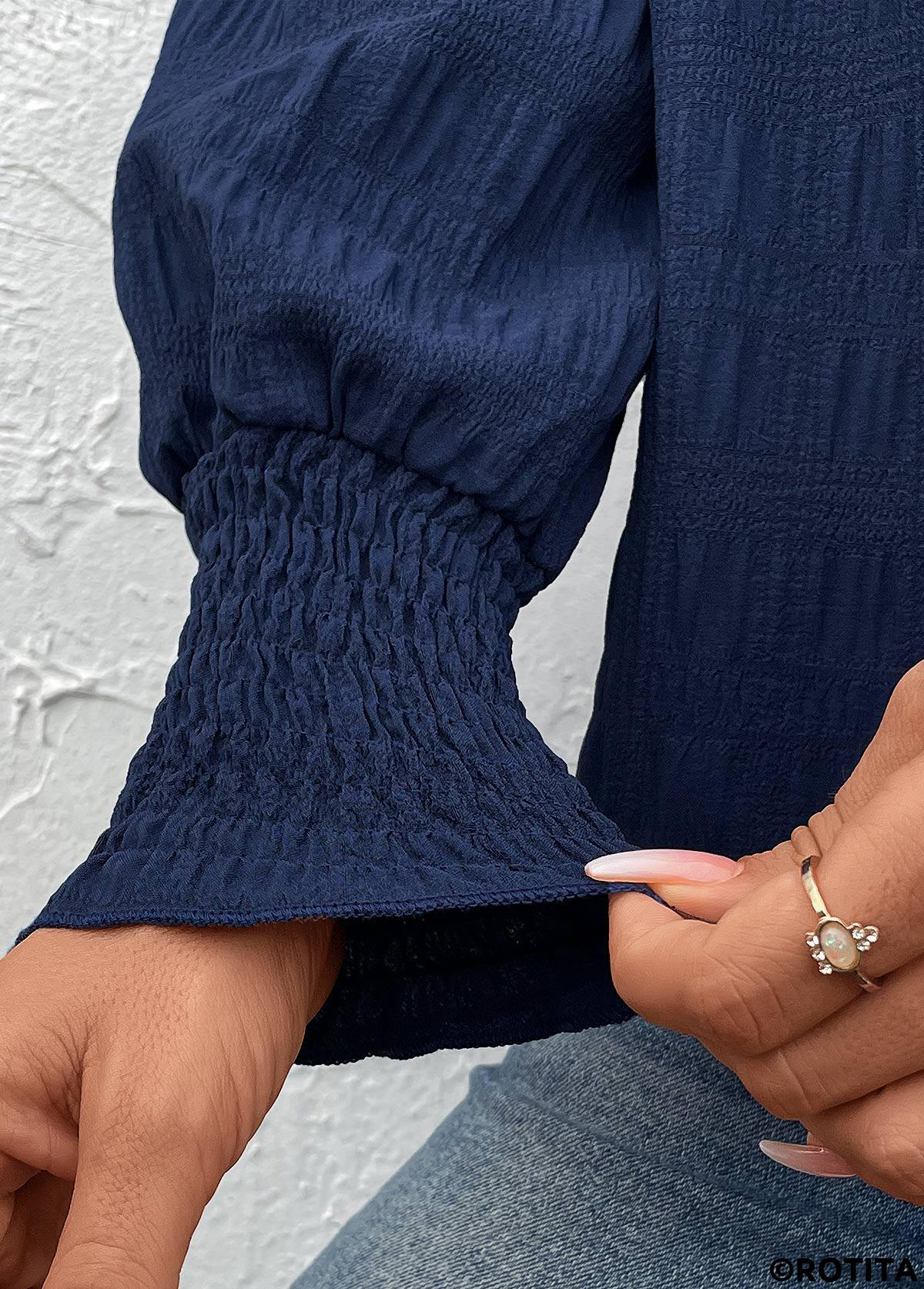 Navy tops,Plain Color tops,ROTITA Smocked Navy Round Neck Long Sleeve Blouse
