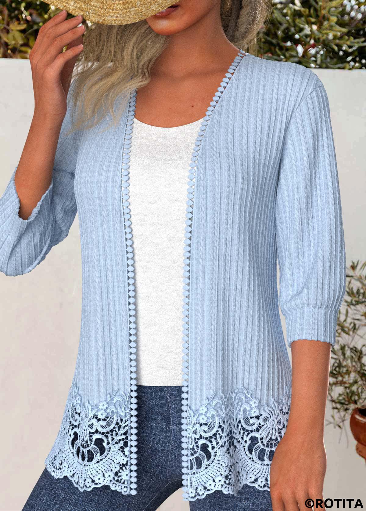 Light Blue tops,Plain Color tops,ROTITA Lace Patchwork 3/4 Sleeve Light Cardigan