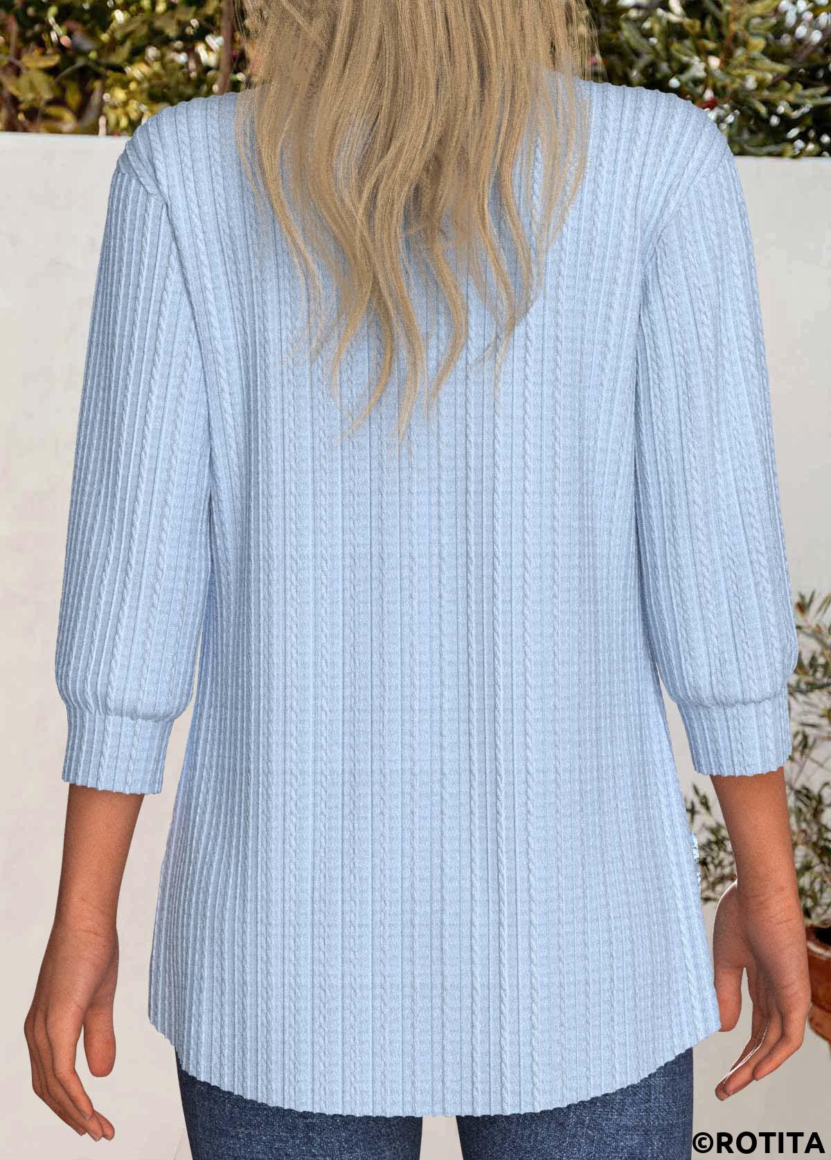 Light Blue tops,Plain Color tops,ROTITA Lace Patchwork 3/4 Sleeve Light Cardigan