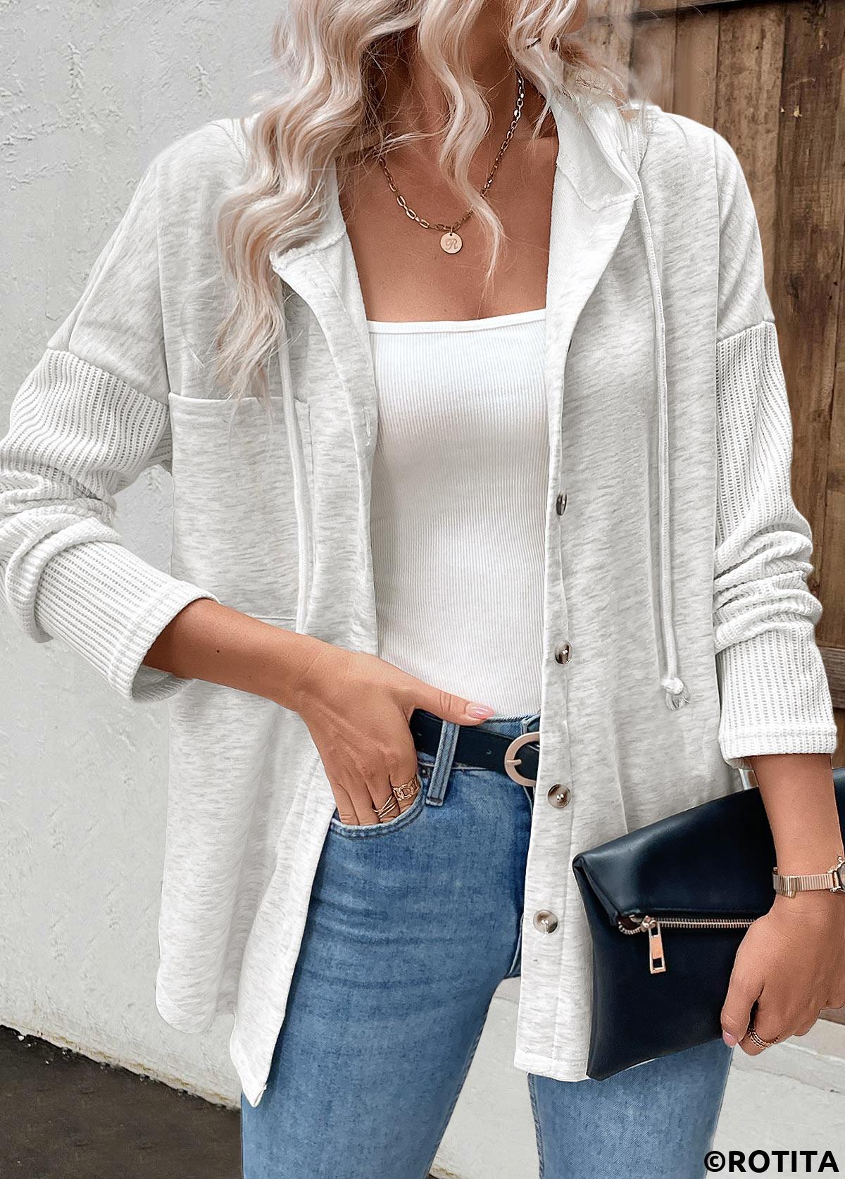 Light Grey tops,Plain Color tops,ROTITA Patchwork Light Grey Long Sleeve Hoodie