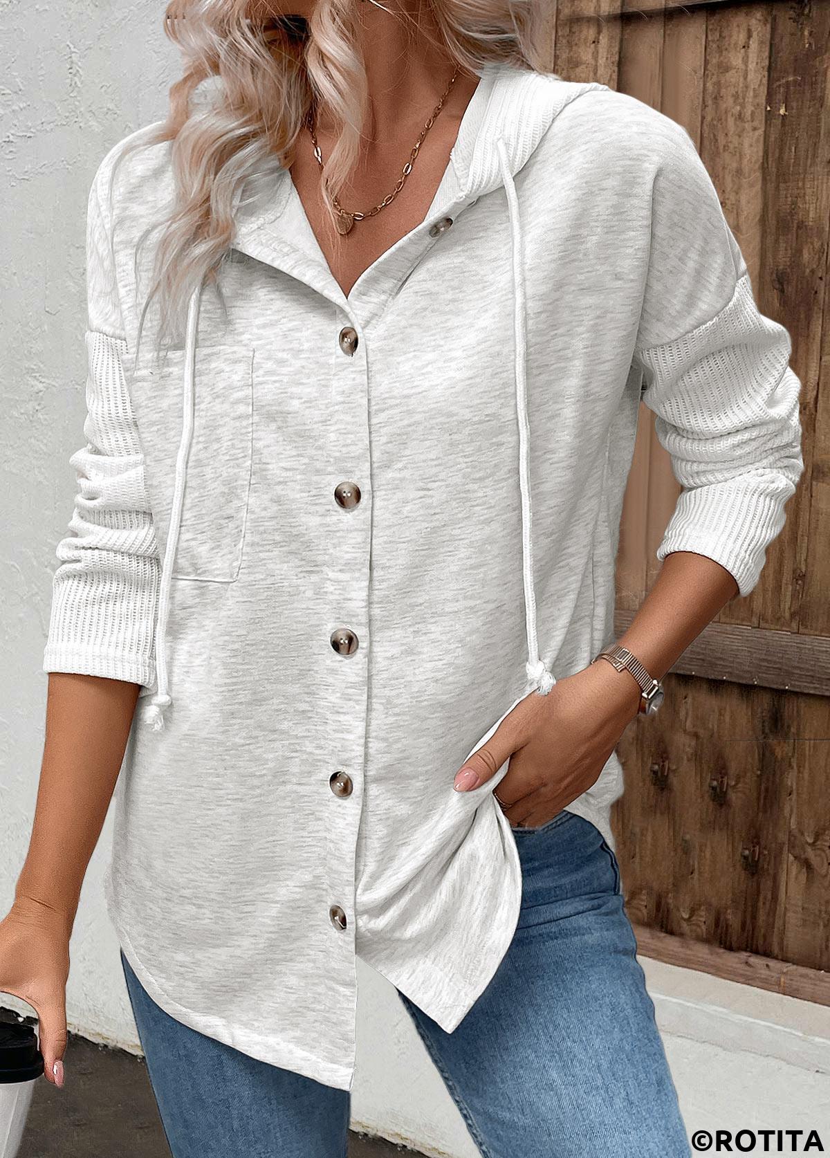 Light Grey tops,Plain Color tops,ROTITA Patchwork Light Grey Long Sleeve Hoodie