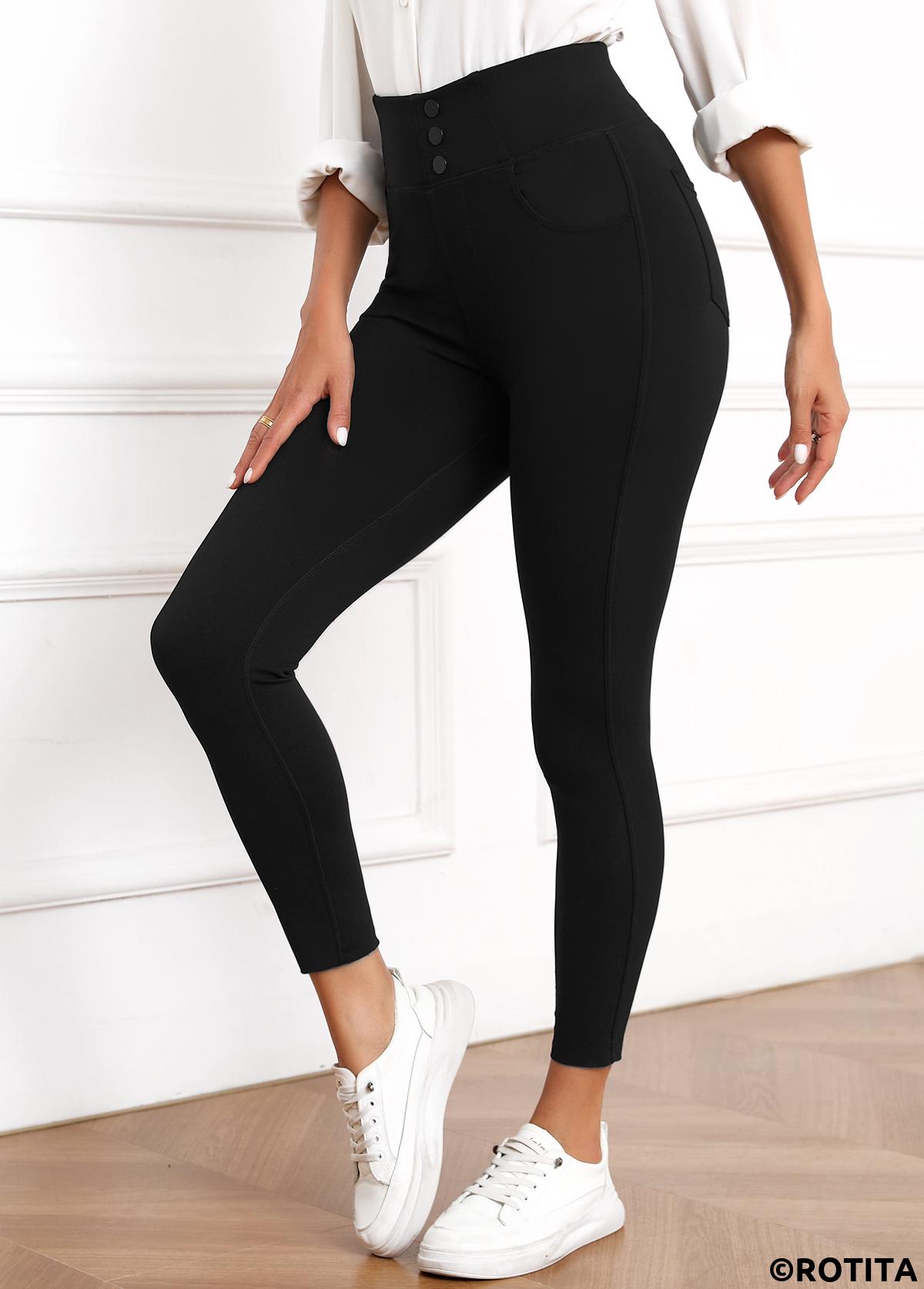 pantalon skinny taille haute noir à boutons