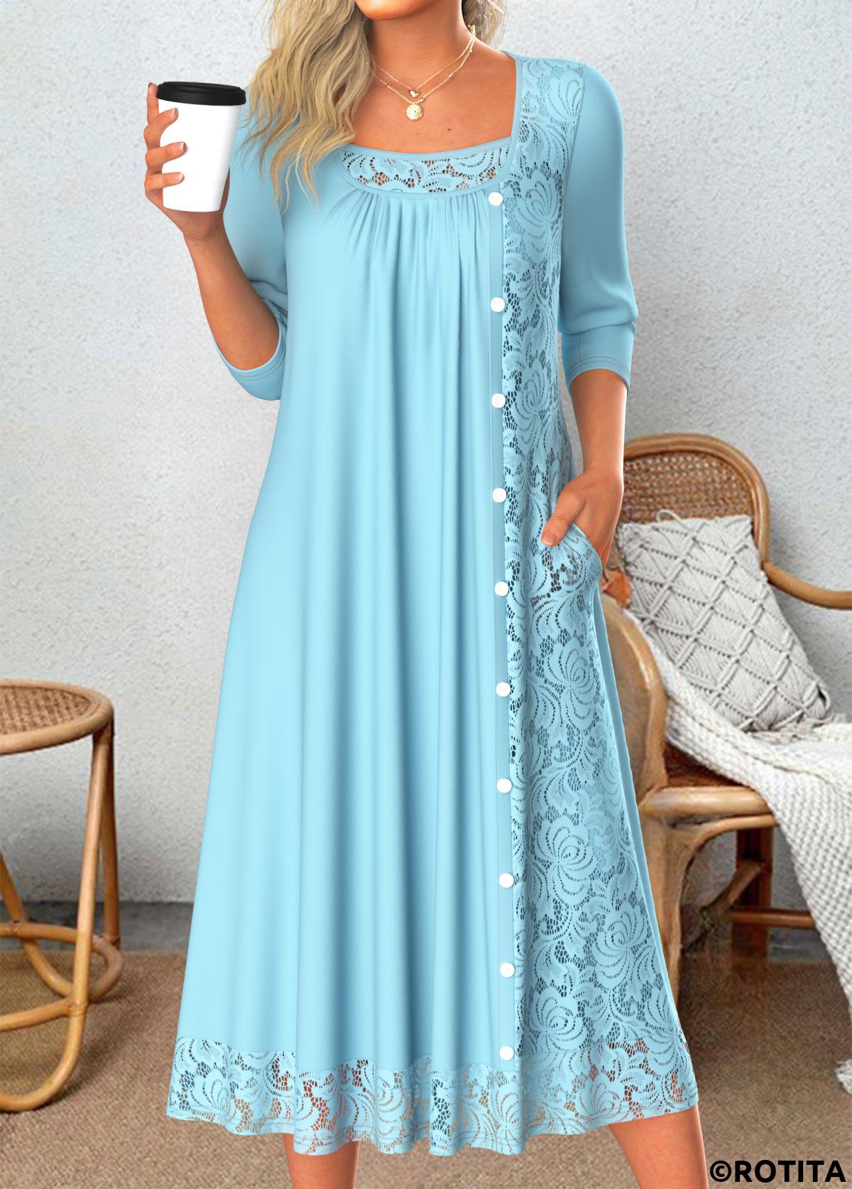 Light Blue dresses,Plain Color dresses,Everyday dresses,Casual dresses,ROTITA Patchwork Light Blue A Line Scoop Neck Dress