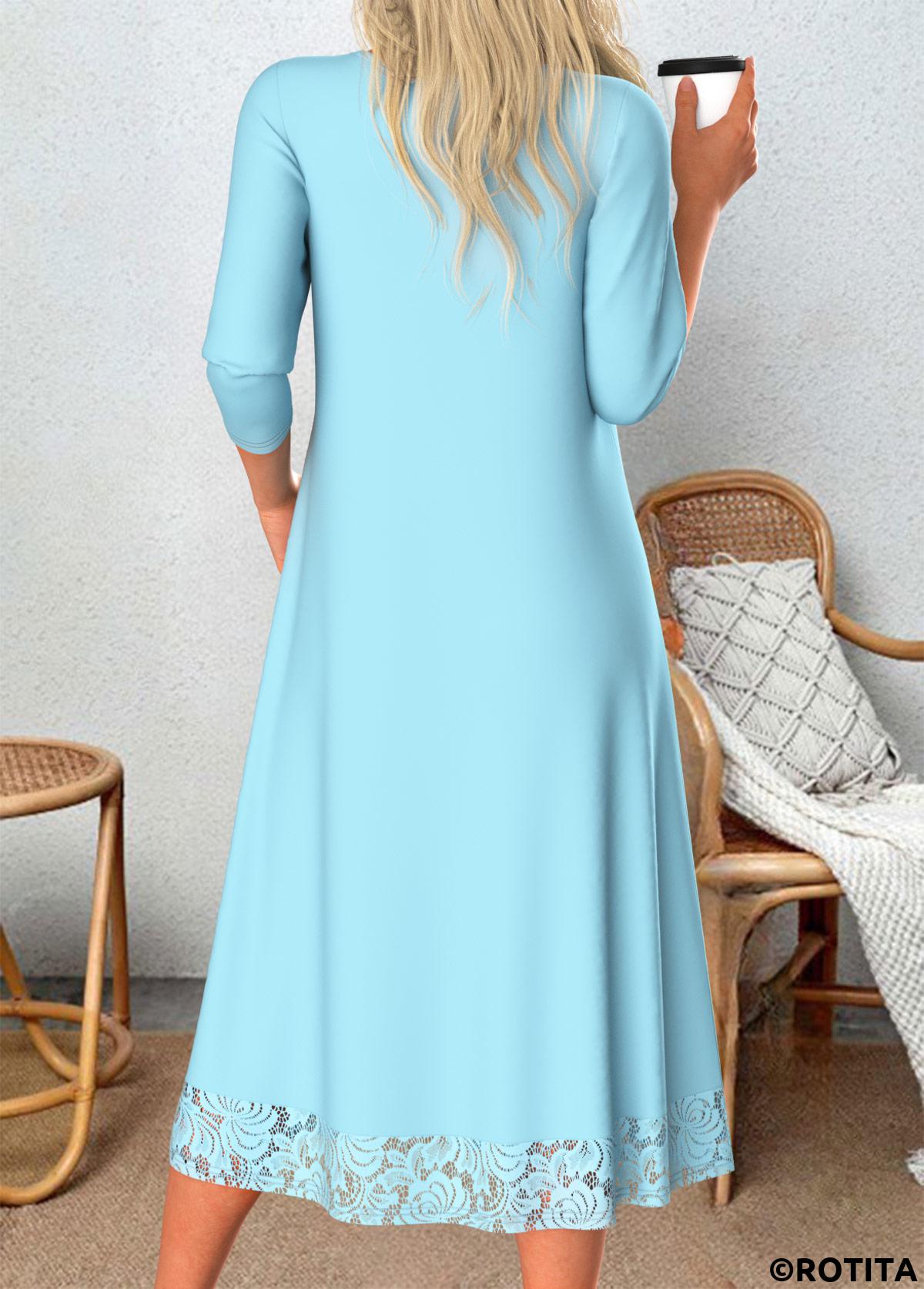 Light Blue dresses,Plain Color dresses,Everyday dresses,Casual dresses,ROTITA Patchwork Light Blue A Line Scoop Neck Dress