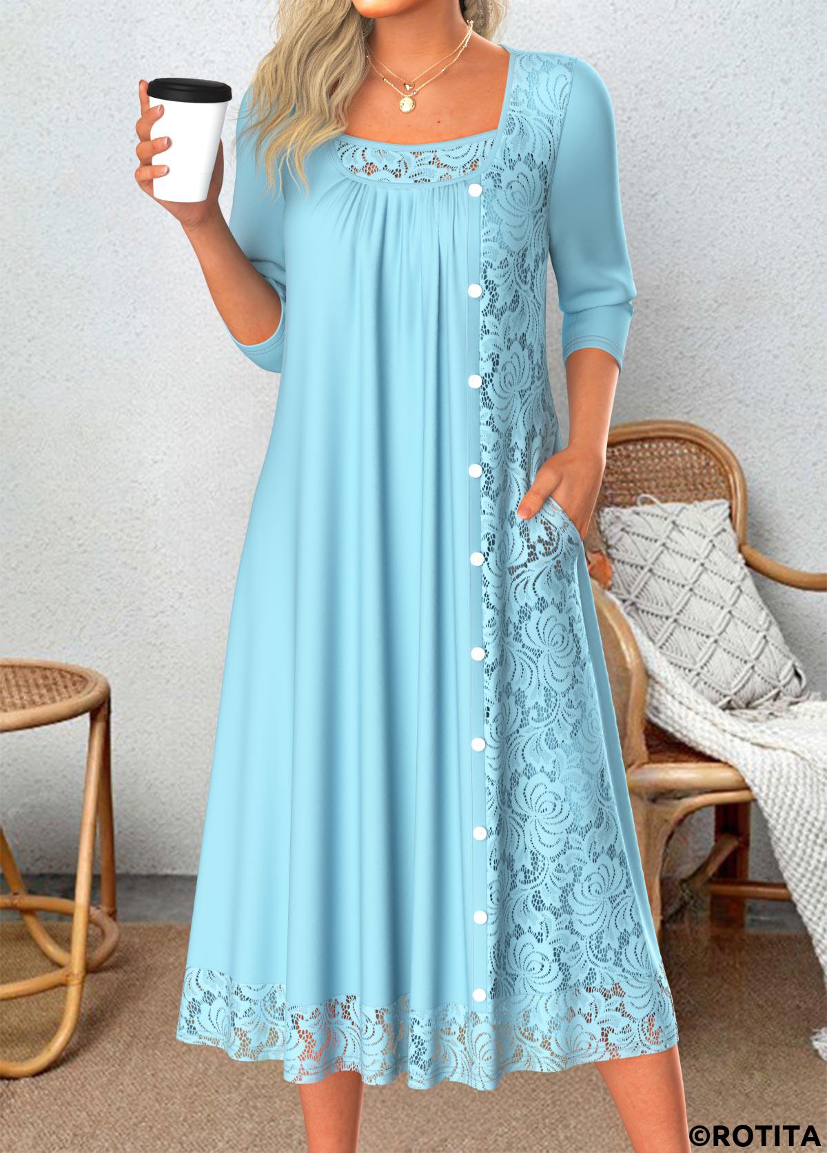 Light Blue dresses,Plain Color dresses,Everyday dresses,Casual dresses,ROTITA Patchwork Light Blue A Line Scoop Neck Dress