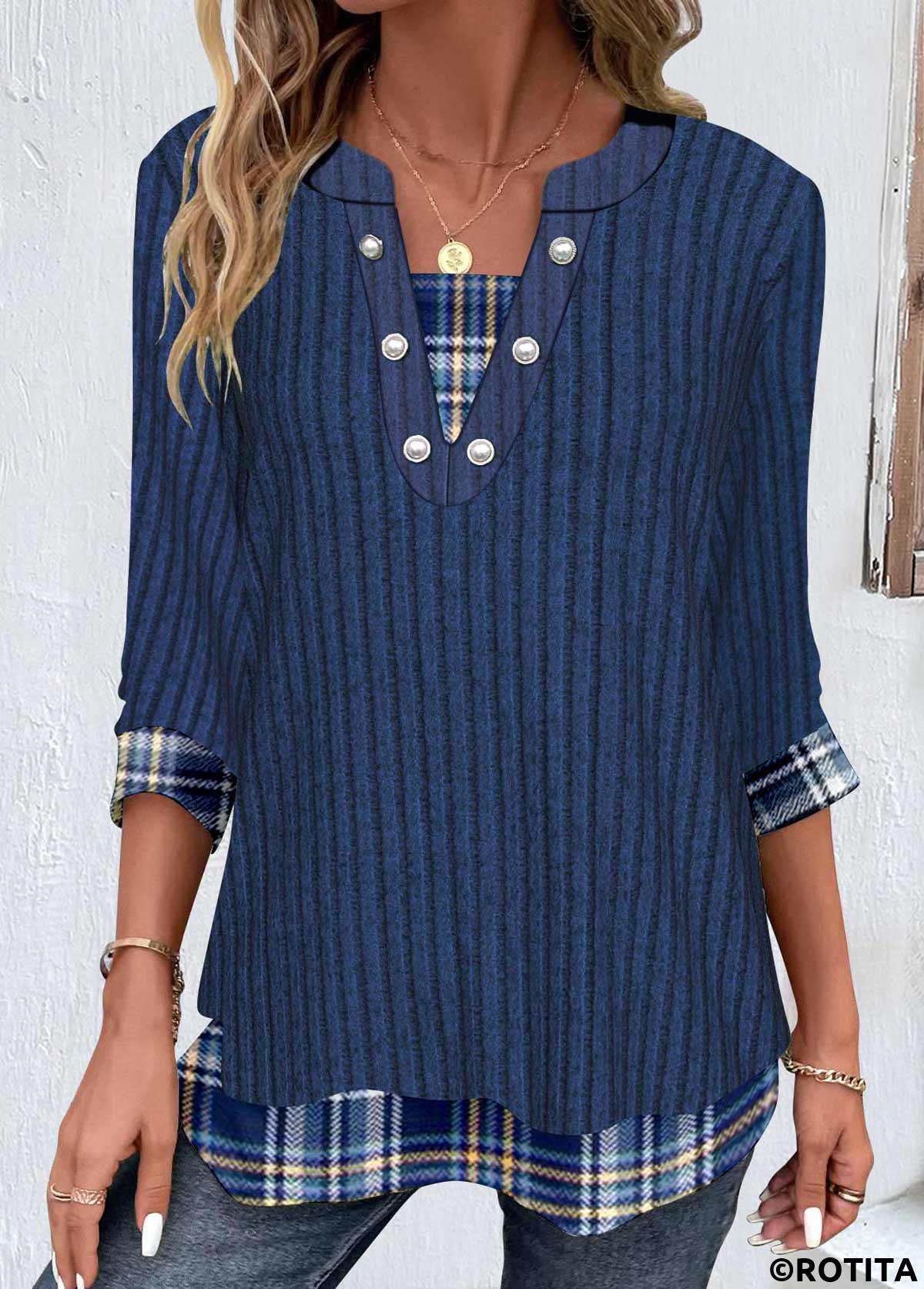 Dark Blue tops,Plaid tops,Striped tops,Geometric tops,ROTITA Patchwork Plaid Dark Blue Split Neck T Shirt