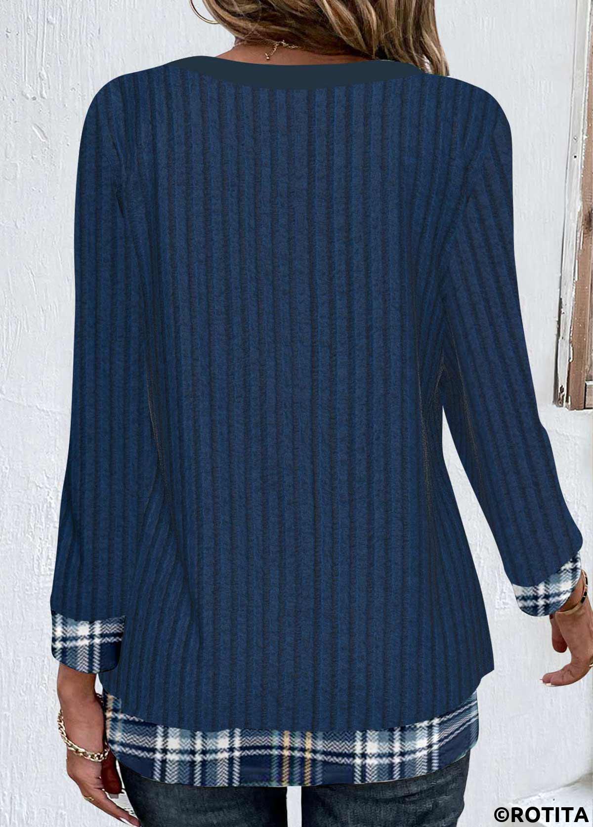 Dark Blue tops,Plaid tops,Striped tops,Geometric tops,ROTITA Patchwork Plaid Dark Blue Split Neck T Shirt