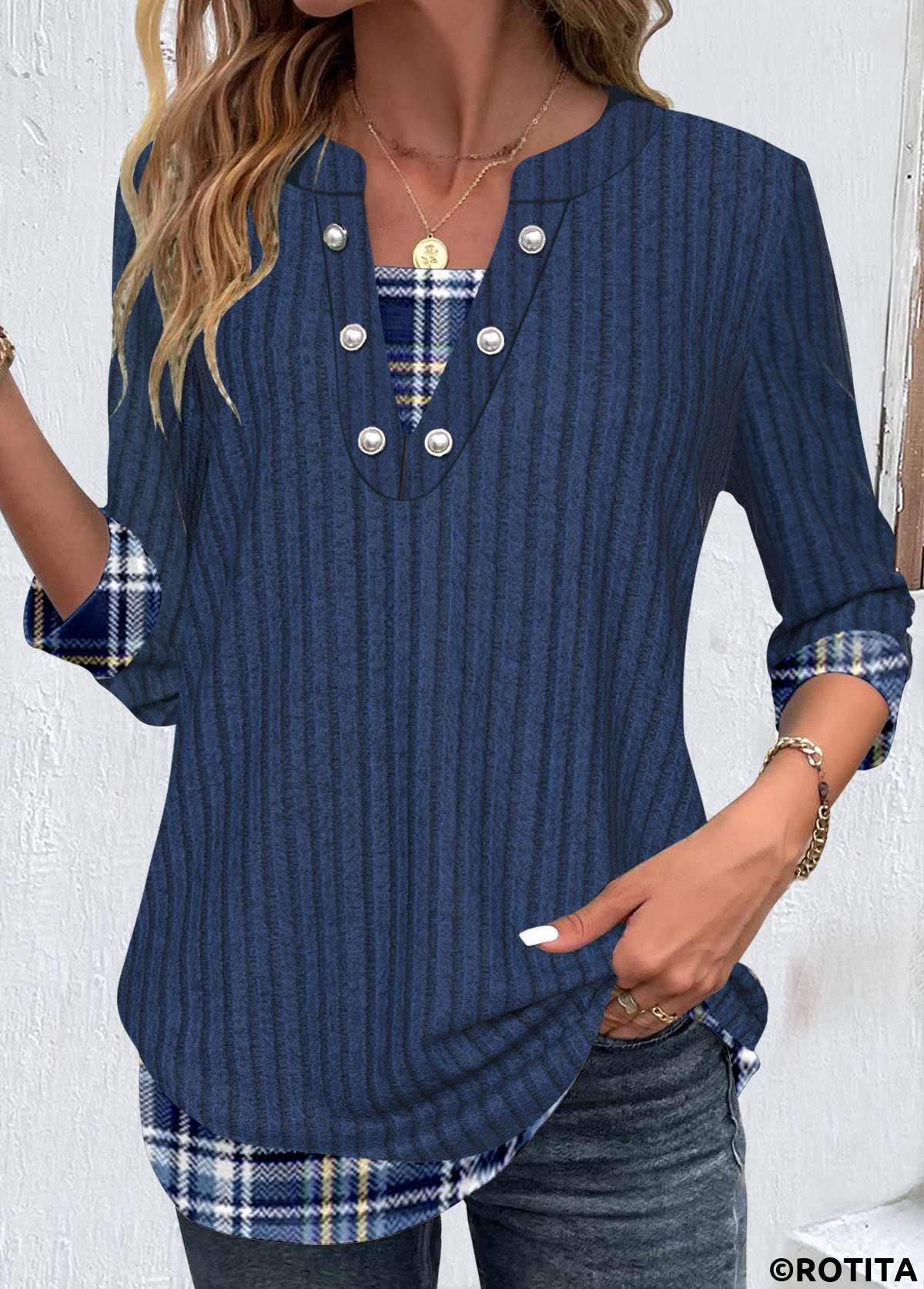 Dark Blue tops,Plaid tops,Striped tops,Geometric tops,ROTITA Patchwork Plaid Dark Blue Split Neck T Shirt