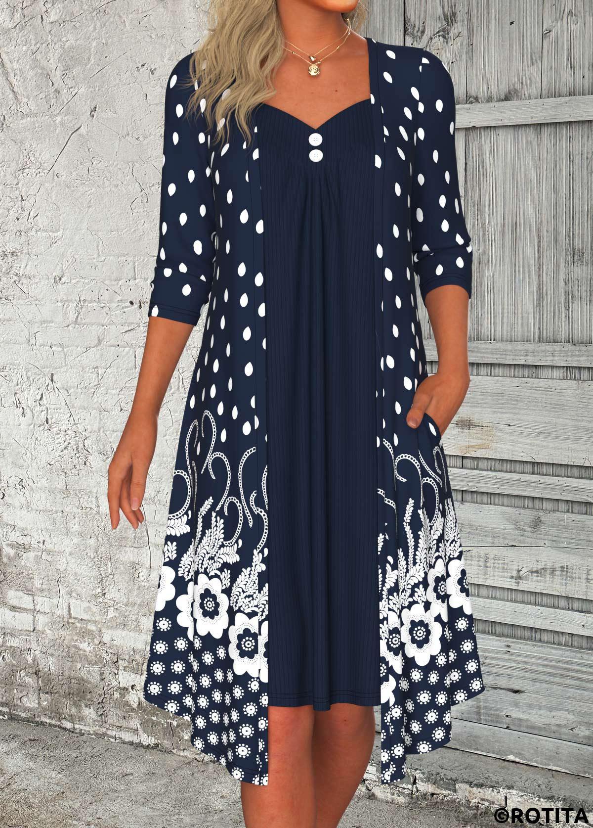 ROTITA Button Floral Print Navy A Line Heart Collar Dress