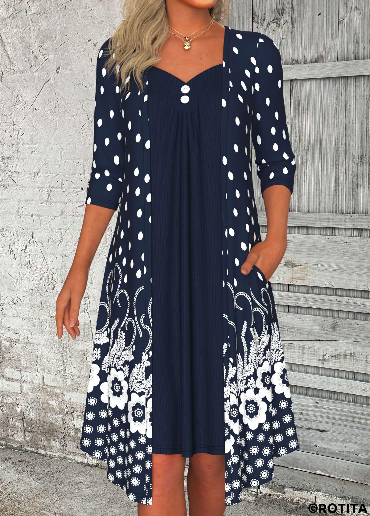 ROTITA Button Floral Print Navy A Line Heart Collar Dress