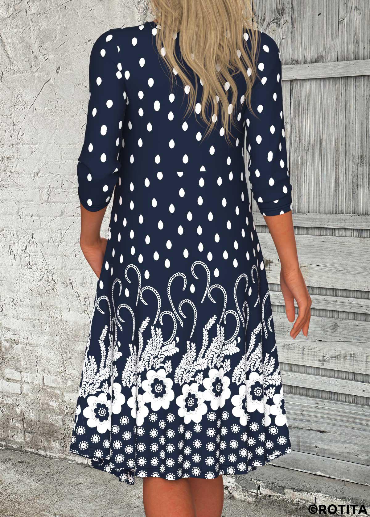ROTITA Button Floral Print Navy A Line Heart Collar Dress