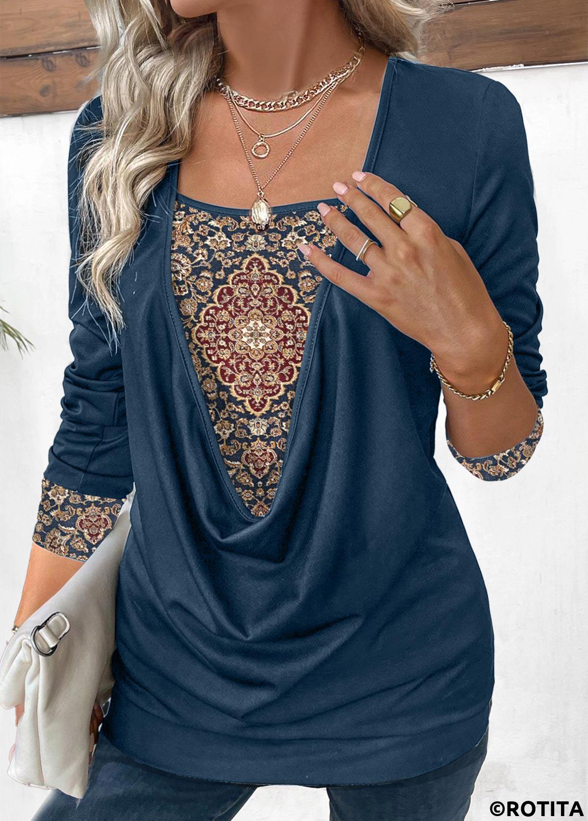 Navy tops,Tribal tops,ROTITA Patchwork Tribal Print Navy Fake Two Piece Twinset