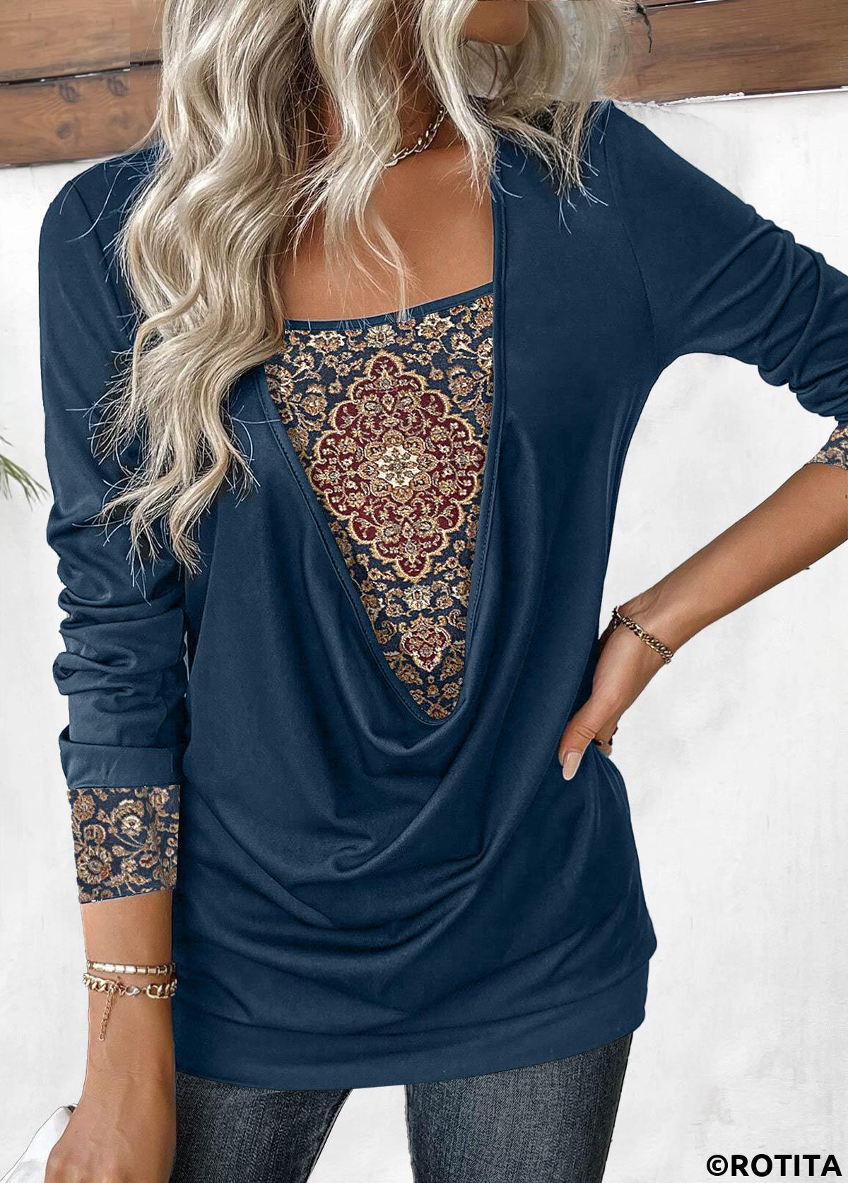 Navy tops,Tribal tops,ROTITA Patchwork Tribal Print Navy Fake Two Piece Twinset