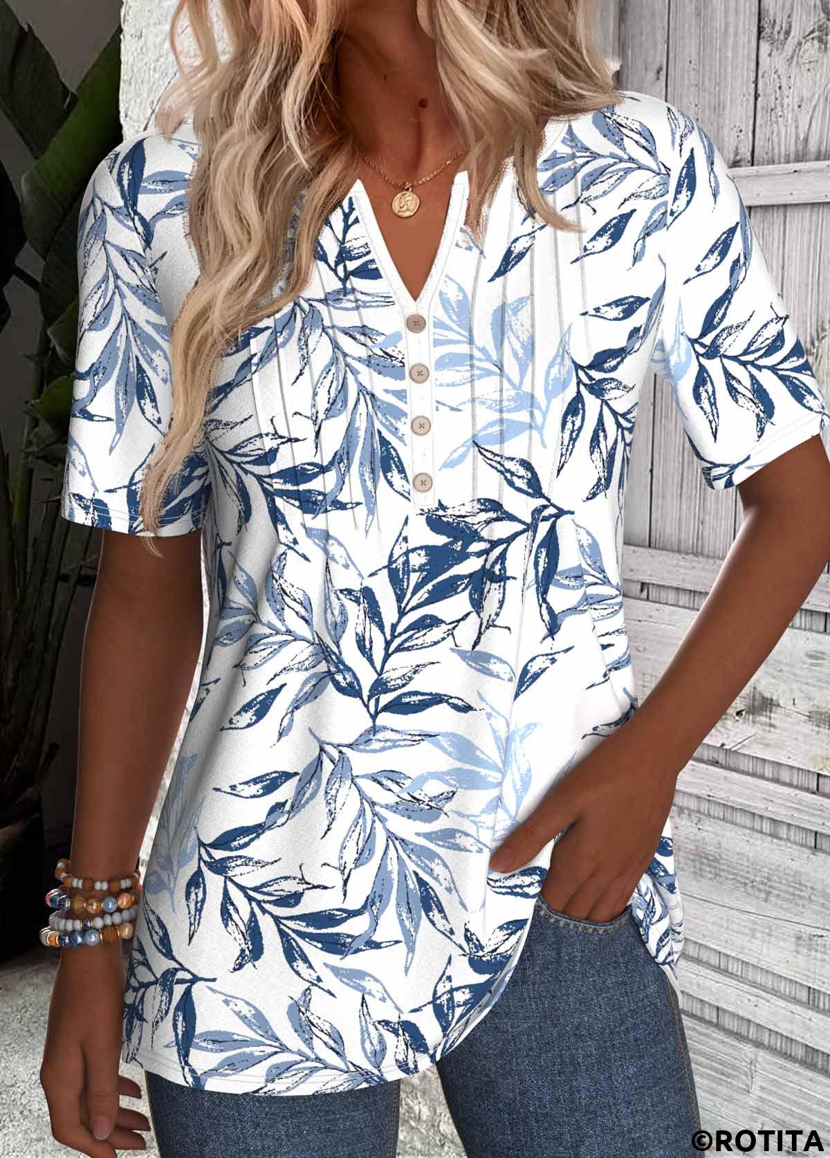 White tops,Blue tops,Plants tops,ROTITA Button Leaf Print White Split Neck Short Sleeve Blouse