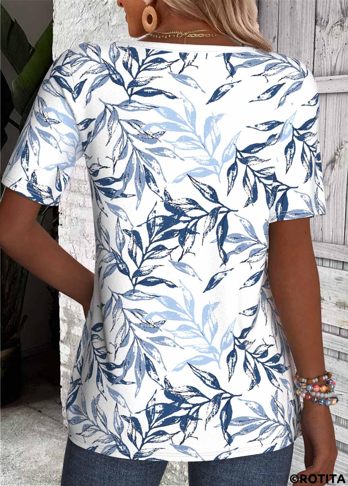 White tops,Blue tops,Plants tops,ROTITA Button Leaf Print White Split Neck Short Sleeve Blouse
