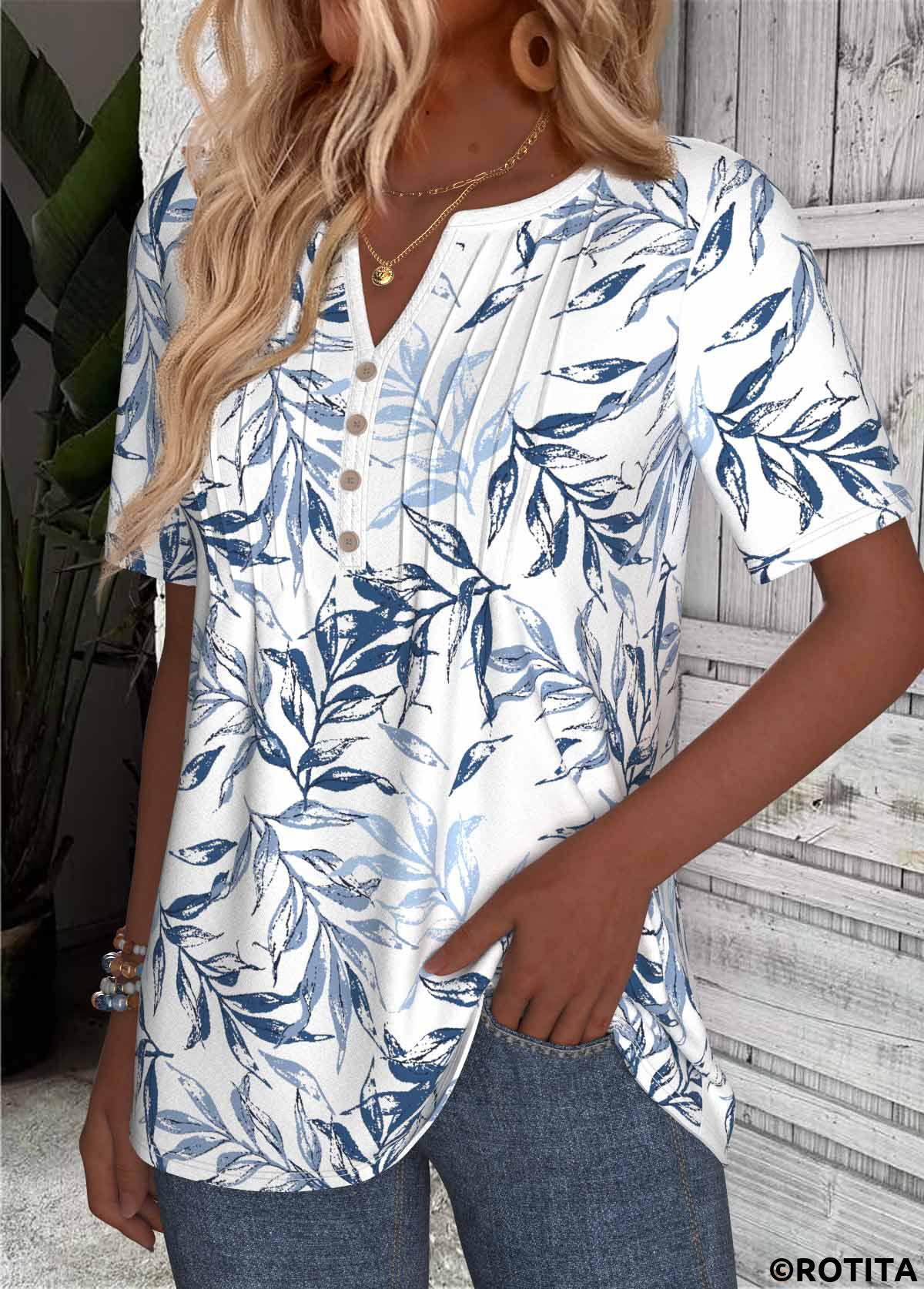 White tops,Blue tops,Plants tops,ROTITA Button Leaf Print White Split Neck Short Sleeve Blouse