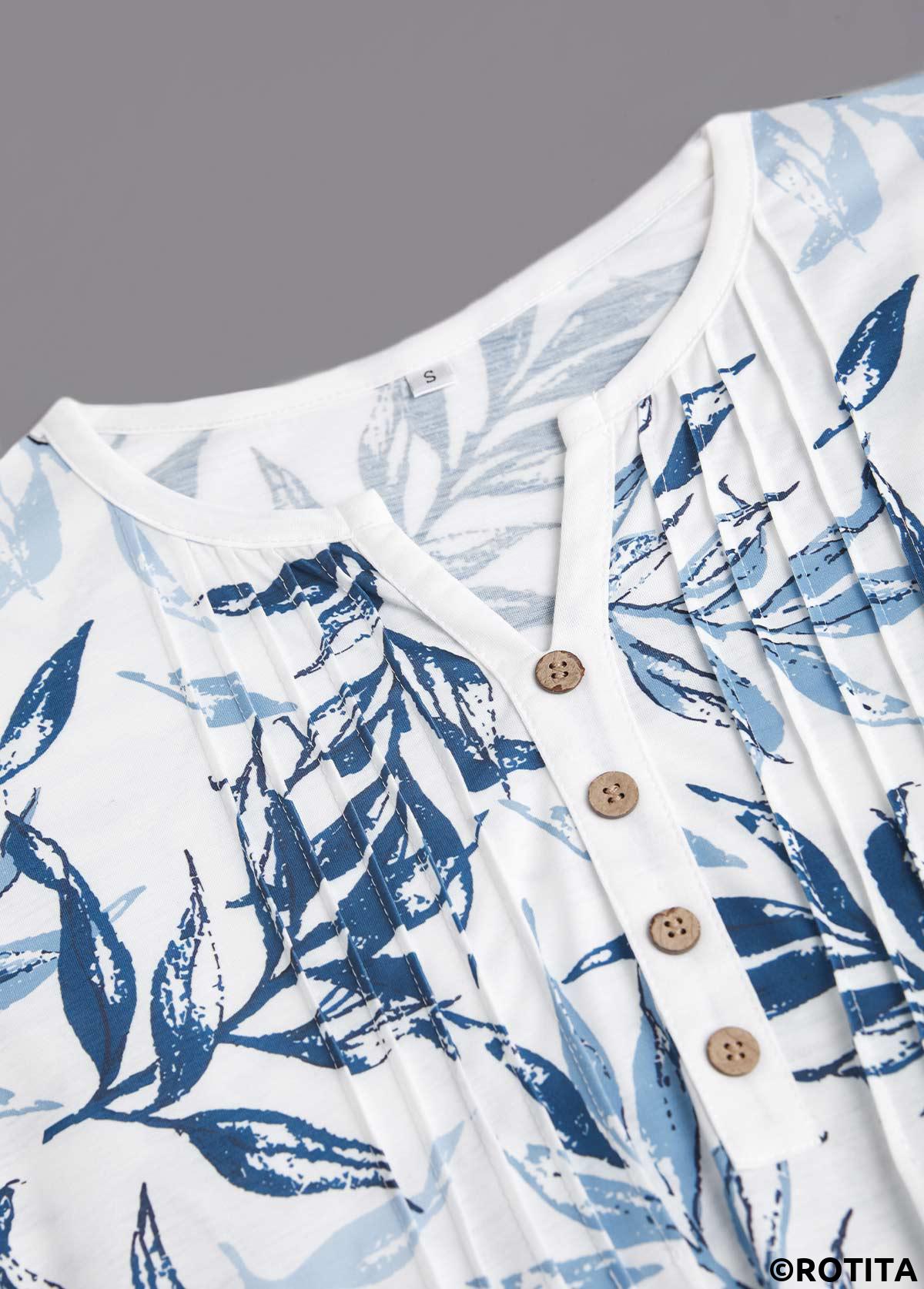 White tops,Blue tops,Plants tops,ROTITA Leaf Print White T Shirt