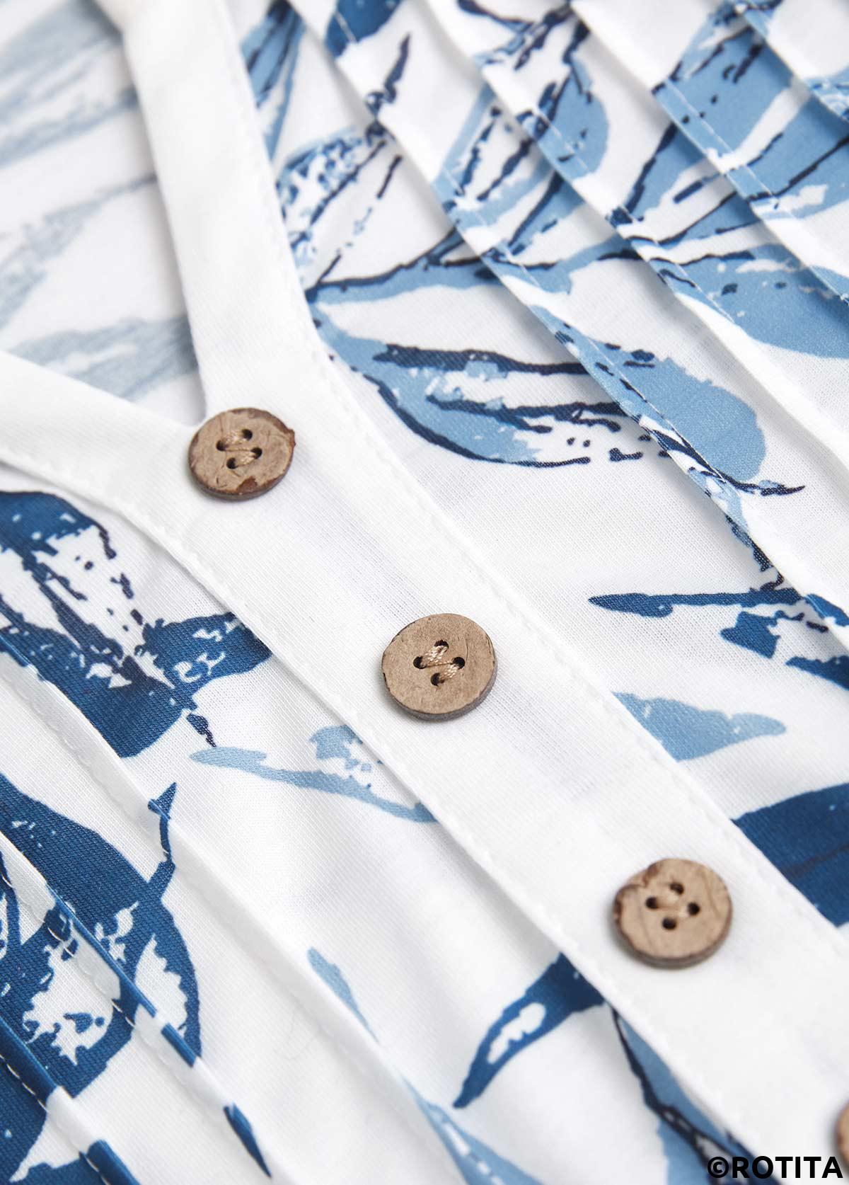 White tops,Blue tops,Plants tops,ROTITA Leaf Print White T Shirt