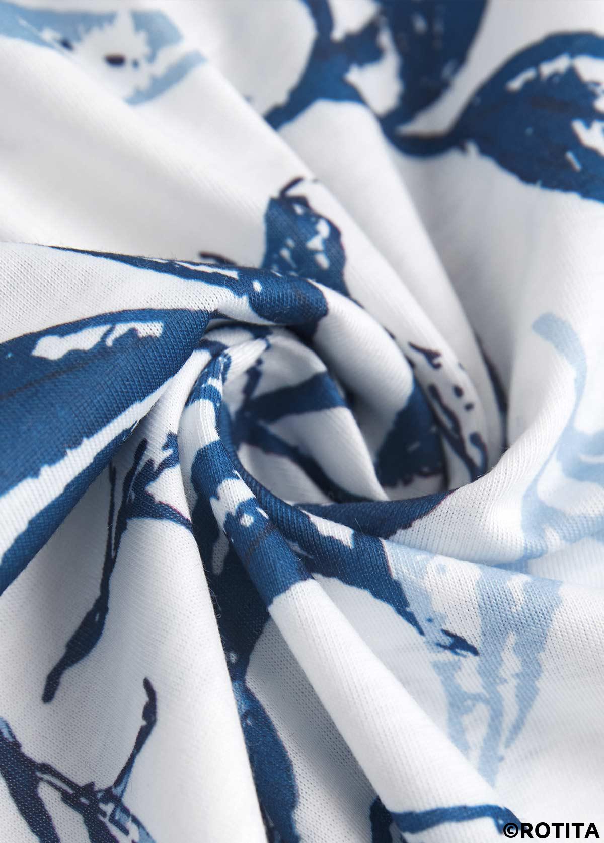 White tops,Blue tops,Plants tops,ROTITA Leaf Print White T Shirt