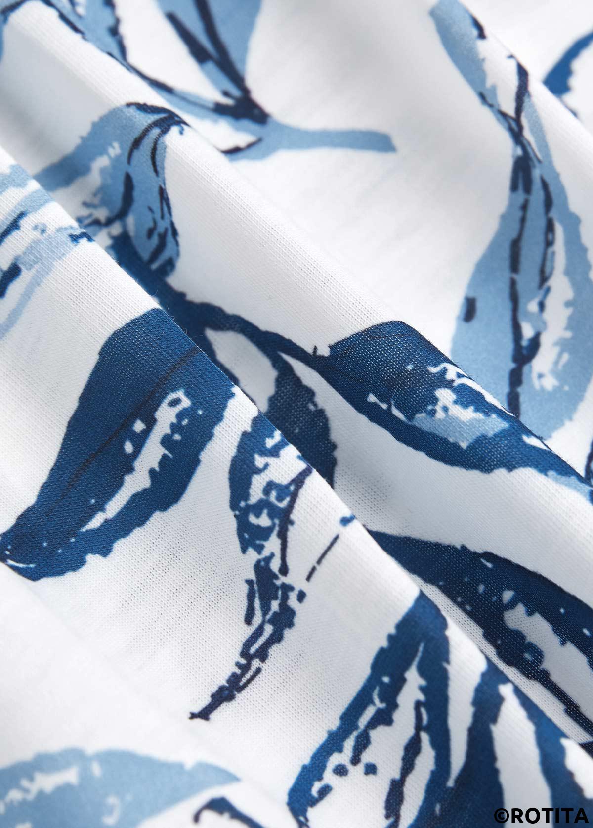 White tops,Blue tops,Plants tops,ROTITA Leaf Print White T Shirt