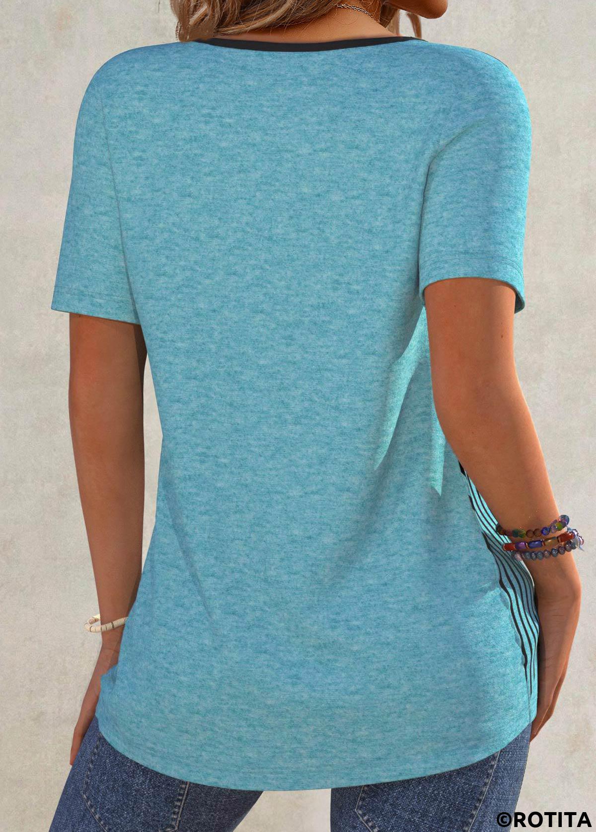 Türkisfarbenes Rotita-Patchwork-T-Shirt mit geometrischem Aufdruck und Rundhalsausschnitt