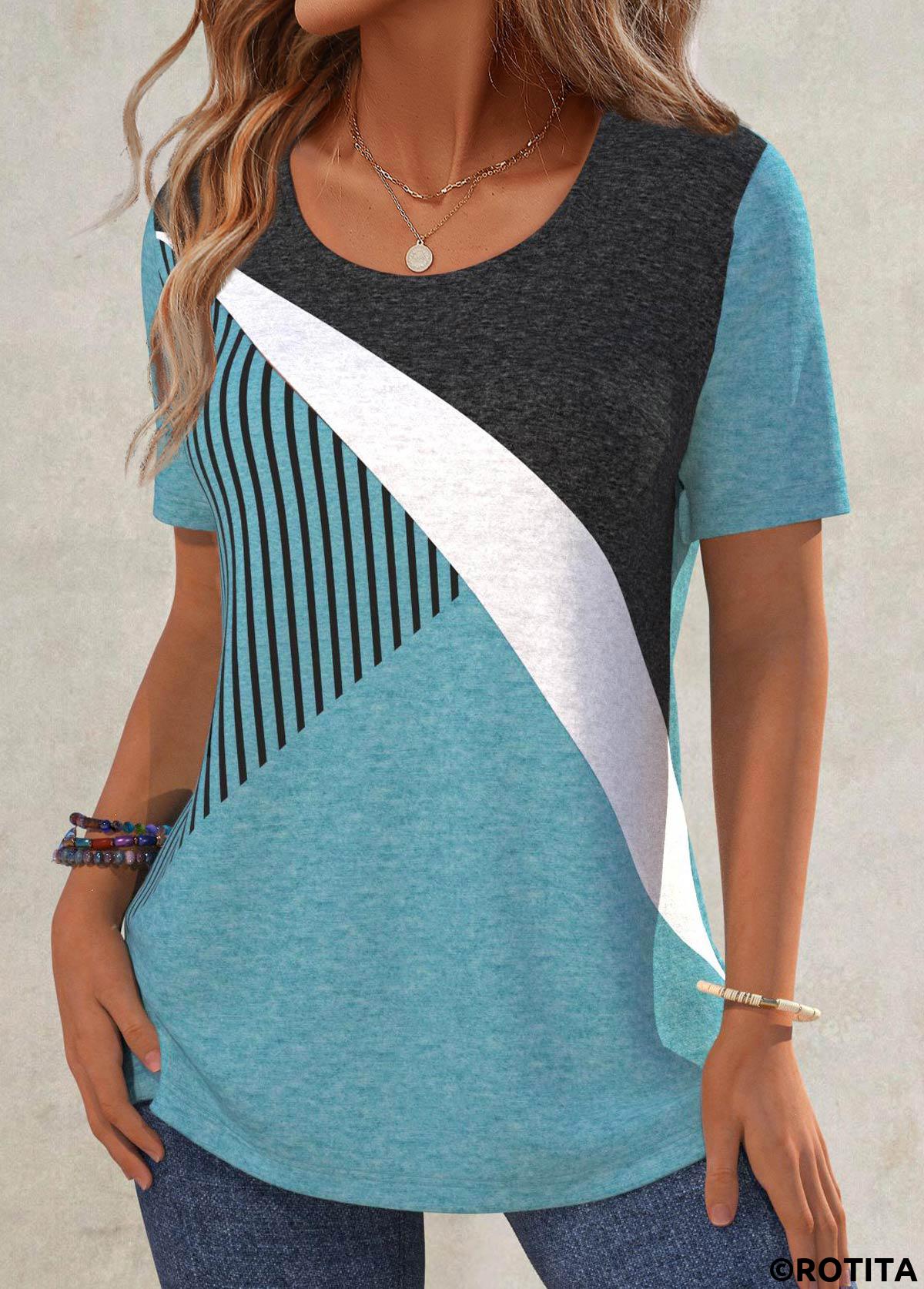 Türkisfarbenes Rotita-Patchwork-T-Shirt mit geometrischem Aufdruck und Rundhalsausschnitt